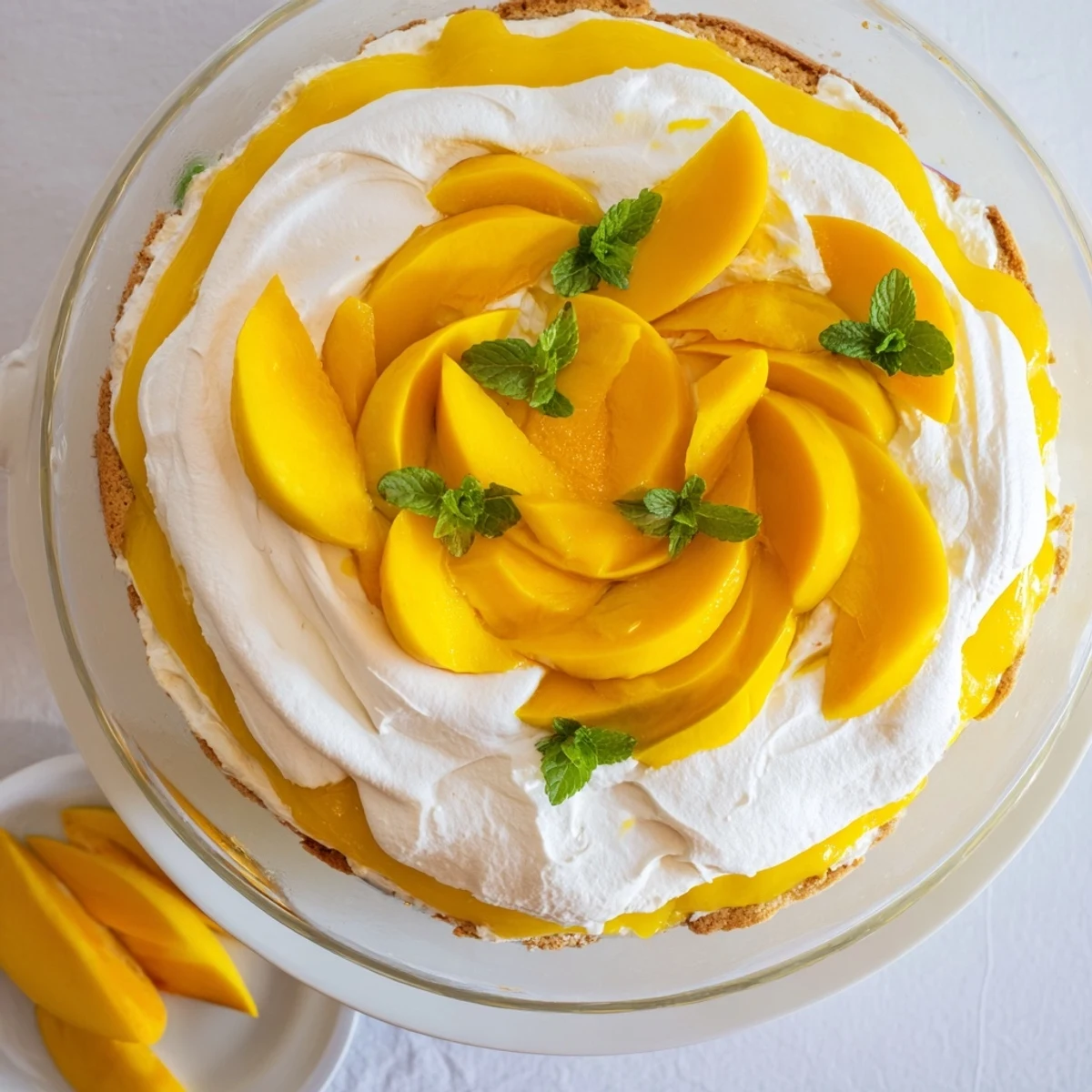 Golden mango tiramisu layered with coffee-soaked ladyfingers and creamy mascarpone topped with fresh mint