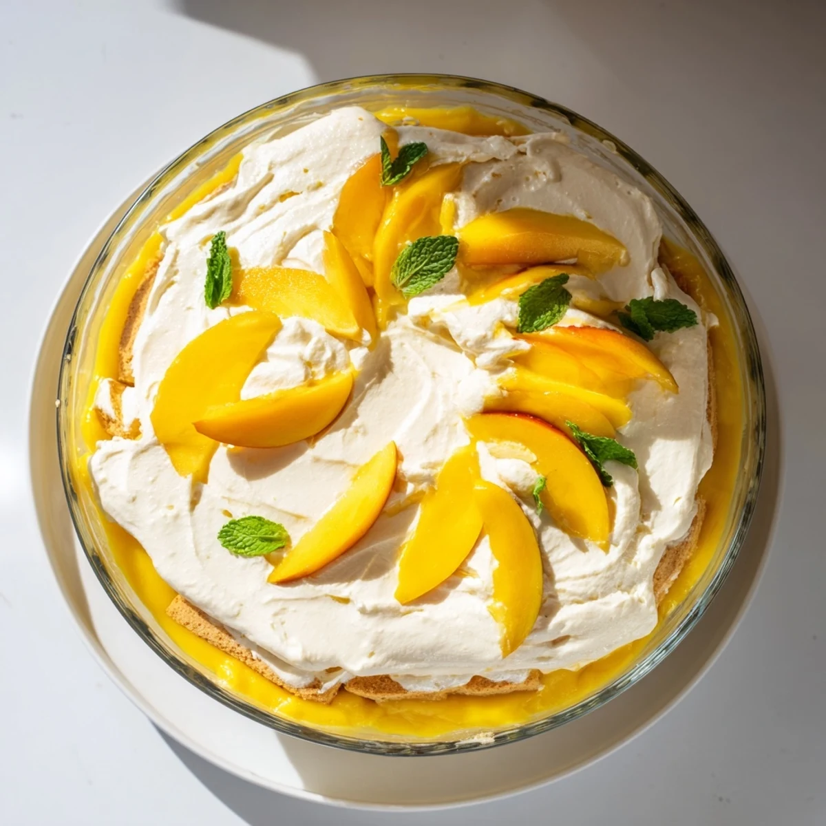Creamy mango tiramisu squares with sliced mango garnish on white plate showcasing beautiful layered Italian fusion dessert