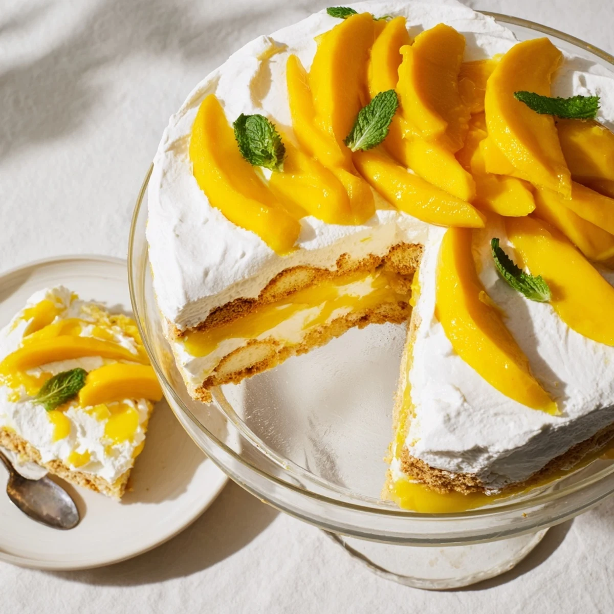 Tropical mango tiramisu dessert featuring smooth mango puree and whipped cream in elegant glass serving dish