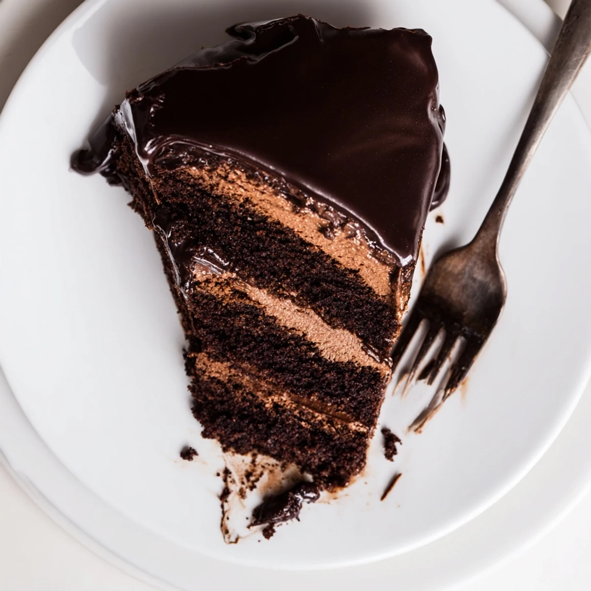 Rich dark chocolate mousse cake with glossy glaze draping over velvety layered dessert