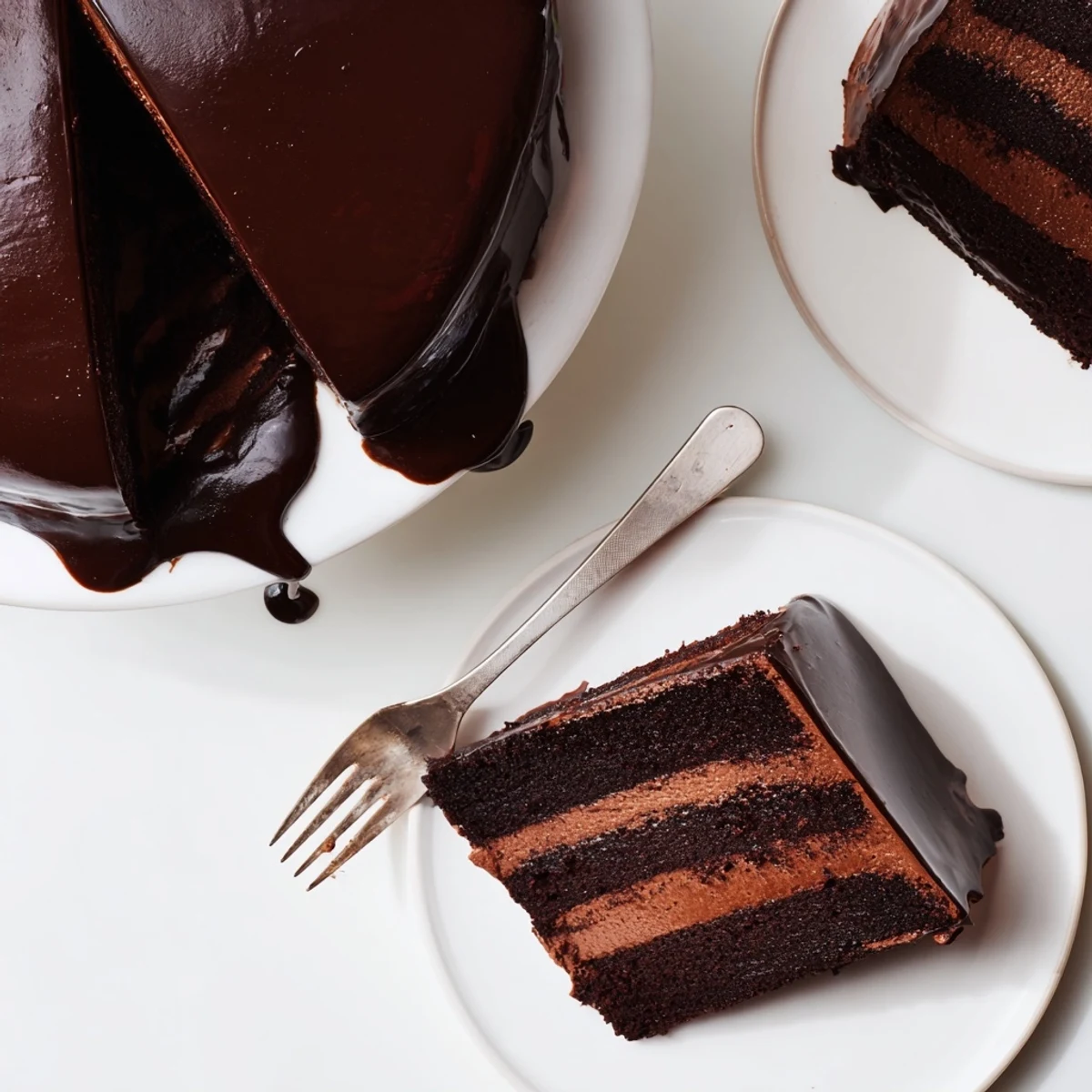 Elegant dark chocolate mousse cake topped with smooth glossy ganache on a serving platter