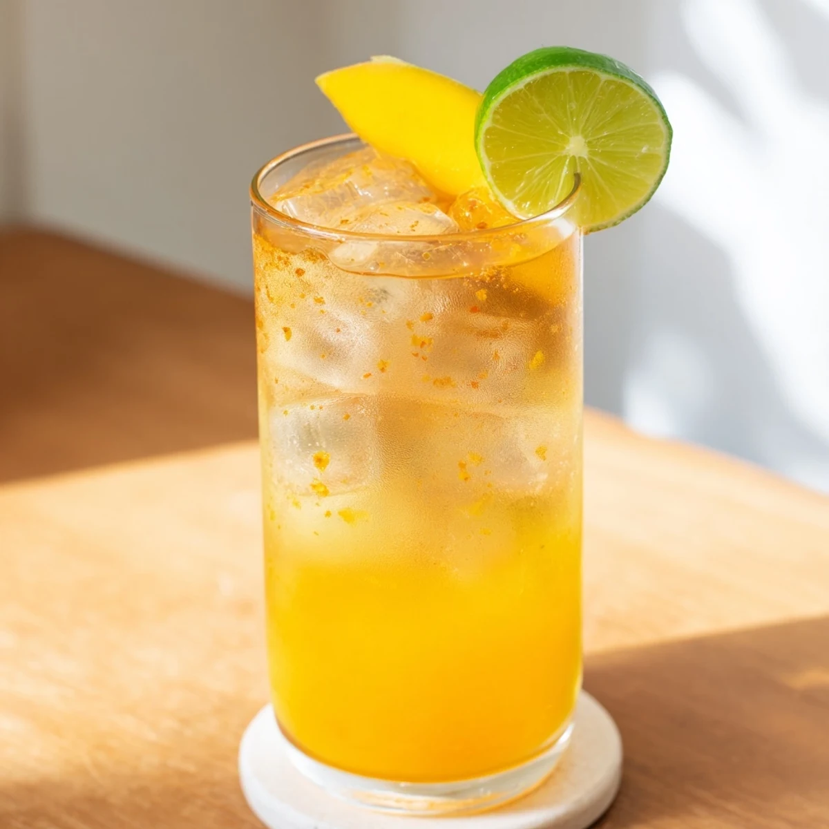 Golden mango ginger mocktail garnished with fresh lime wedges and mint in a clear glass