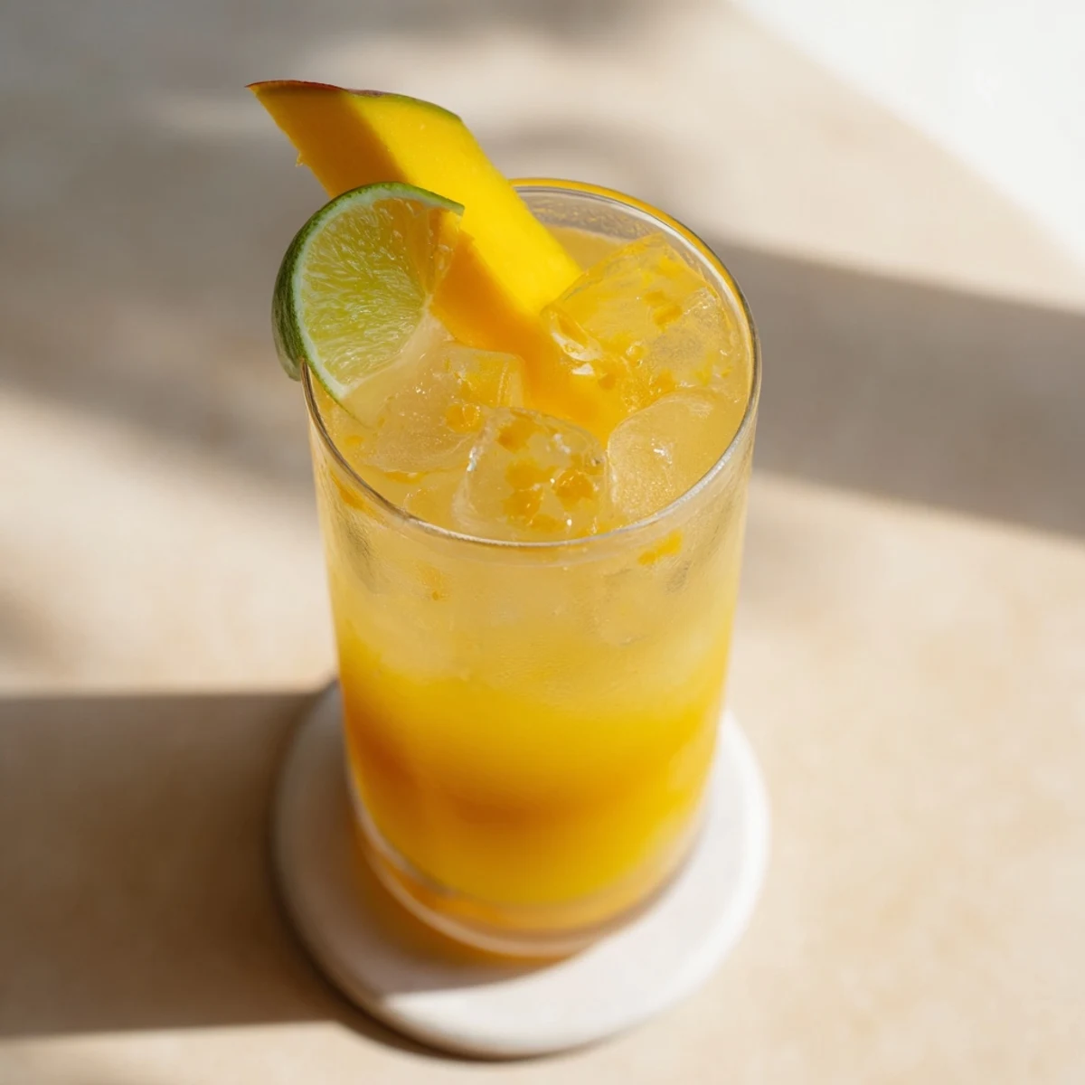 Vibrant yellow non-alcoholic mango ginger mocktail topped with sparkling water and ice cubes