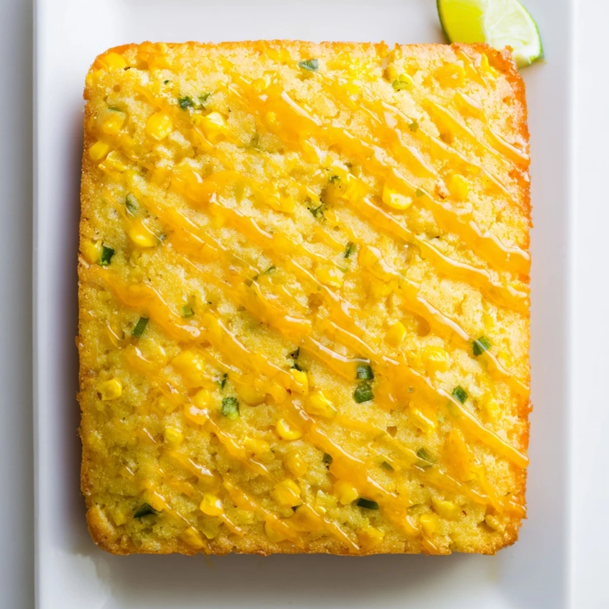 Golden spicy jalapeño cornbread drizzled with sweet lime honey glaze on a wooden board