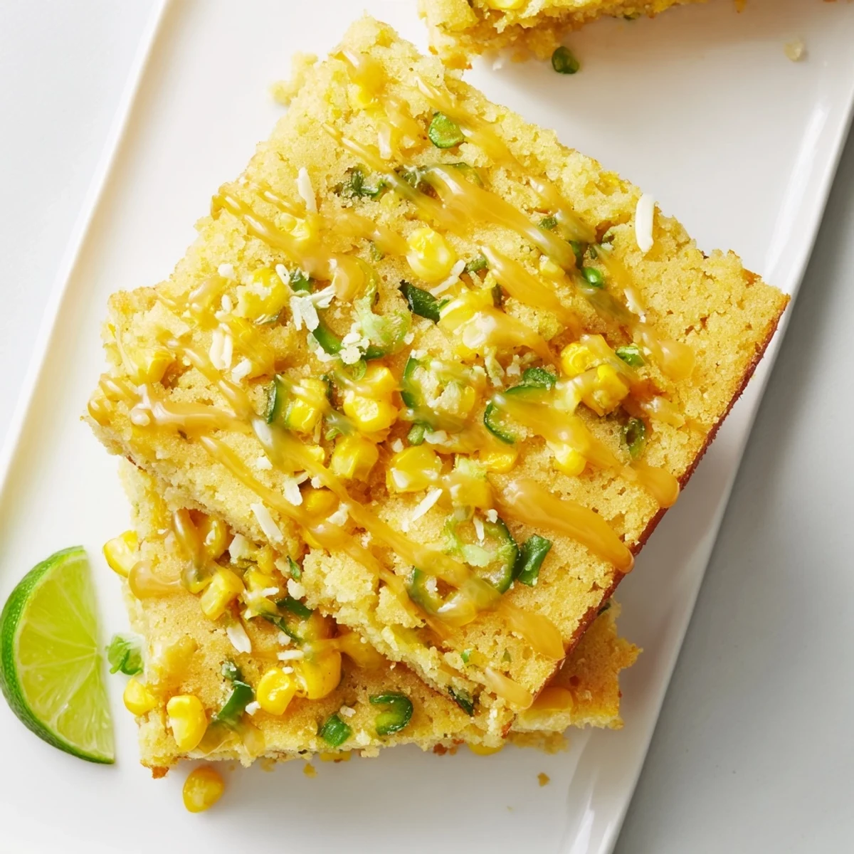Moist cornbread squares topped with vibrant jalapeños and glossy lime honey coating
