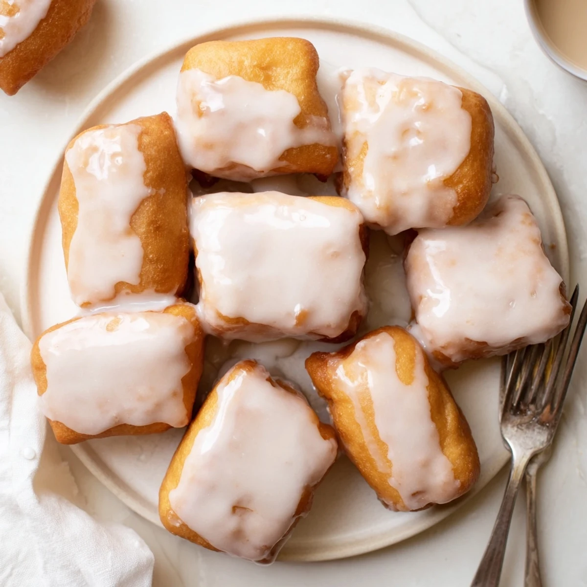 Golden brown glazed buttermilk beignet squares dusted with powdered sugar on a white plate