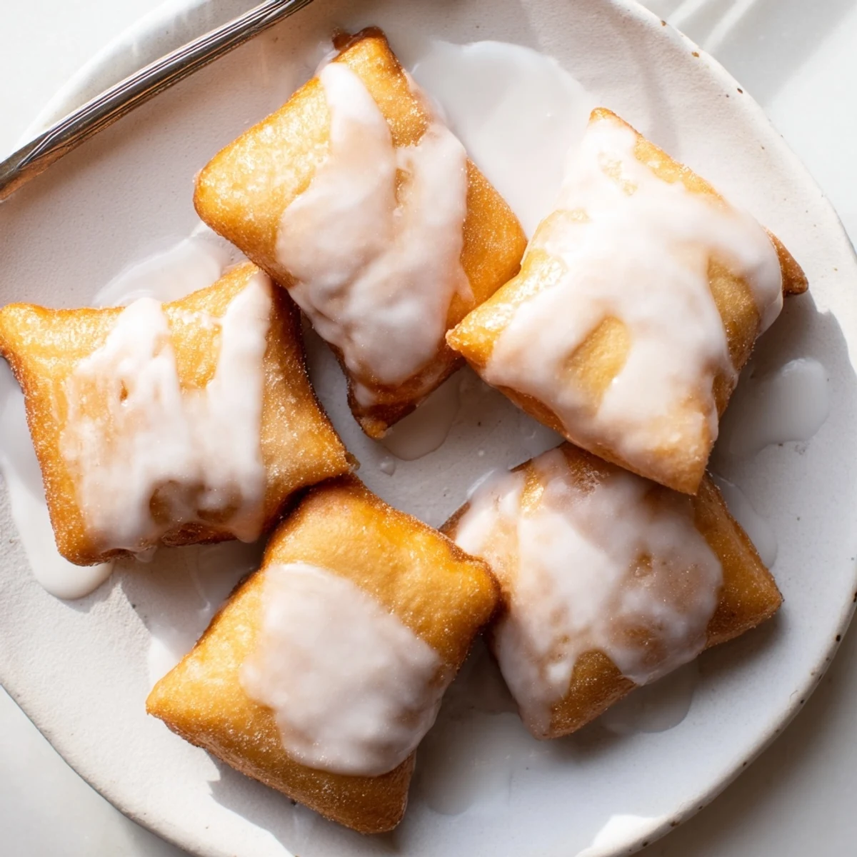 Warm glazed buttermilk beignet squares arranged on a rustic wooden serving board
