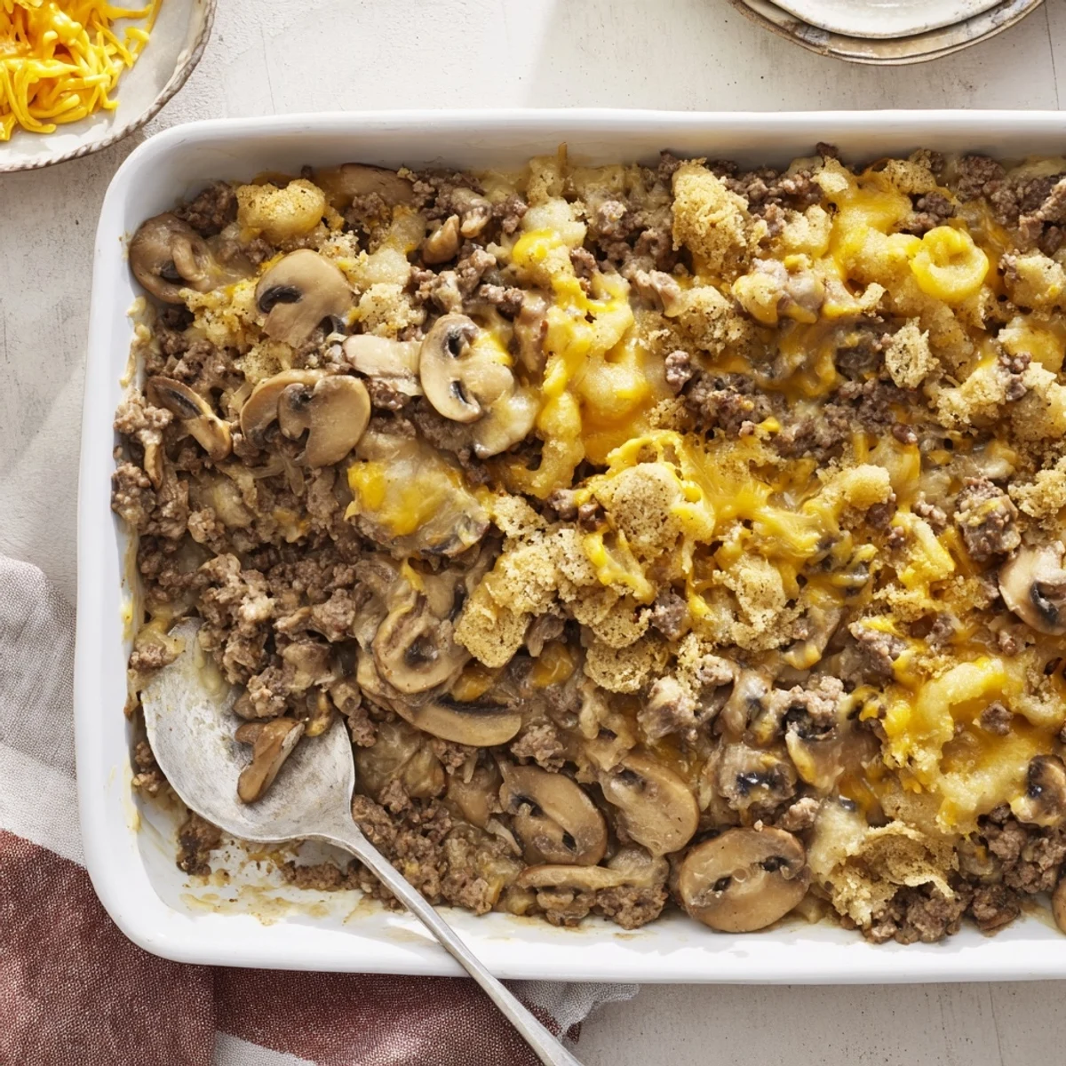 Savory ground beef and mushroom casserole baked to perfection with creamy cheese sauce