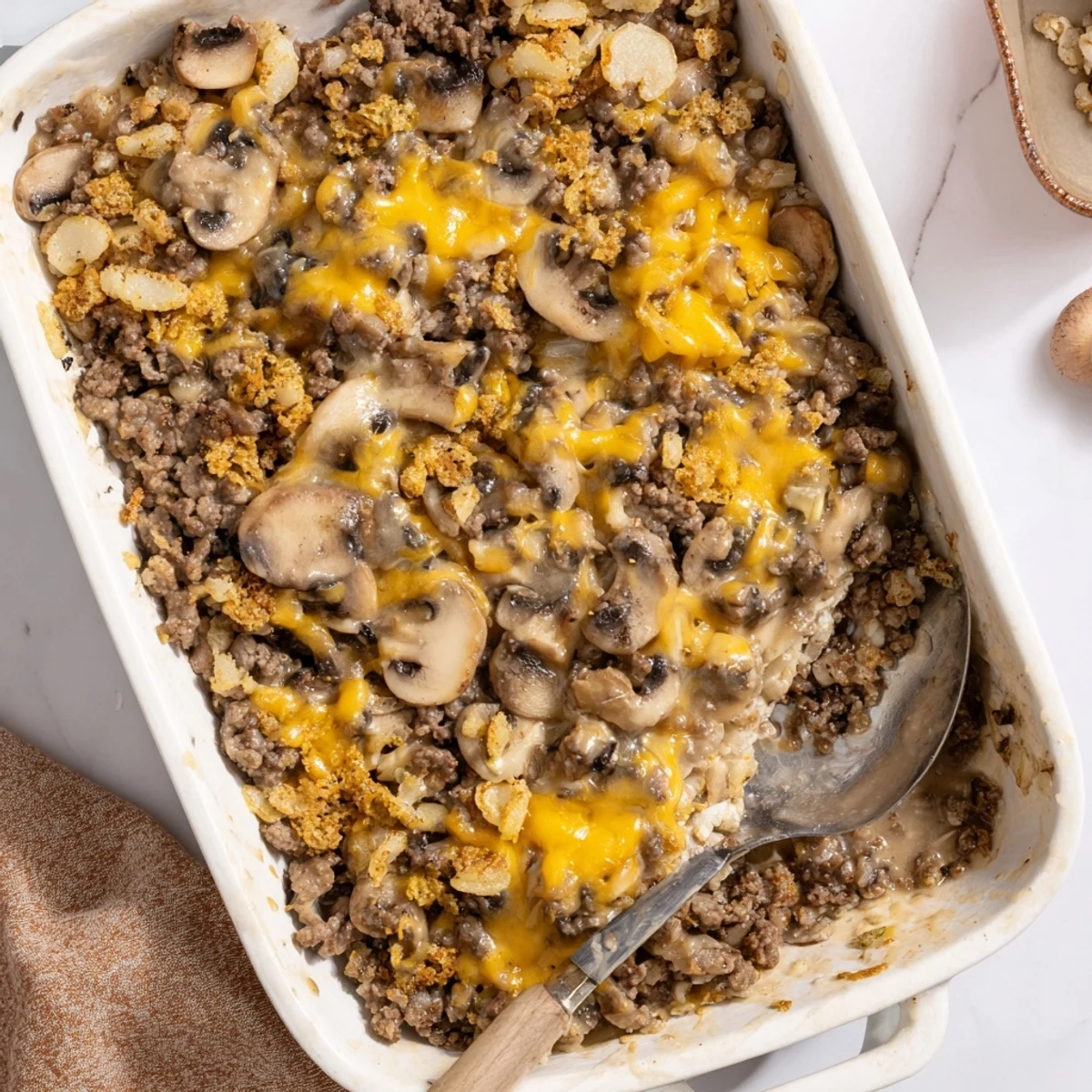 Golden bubbly hamburger mushroom bake with melted cheddar and crispy buttered breadcrumb topping