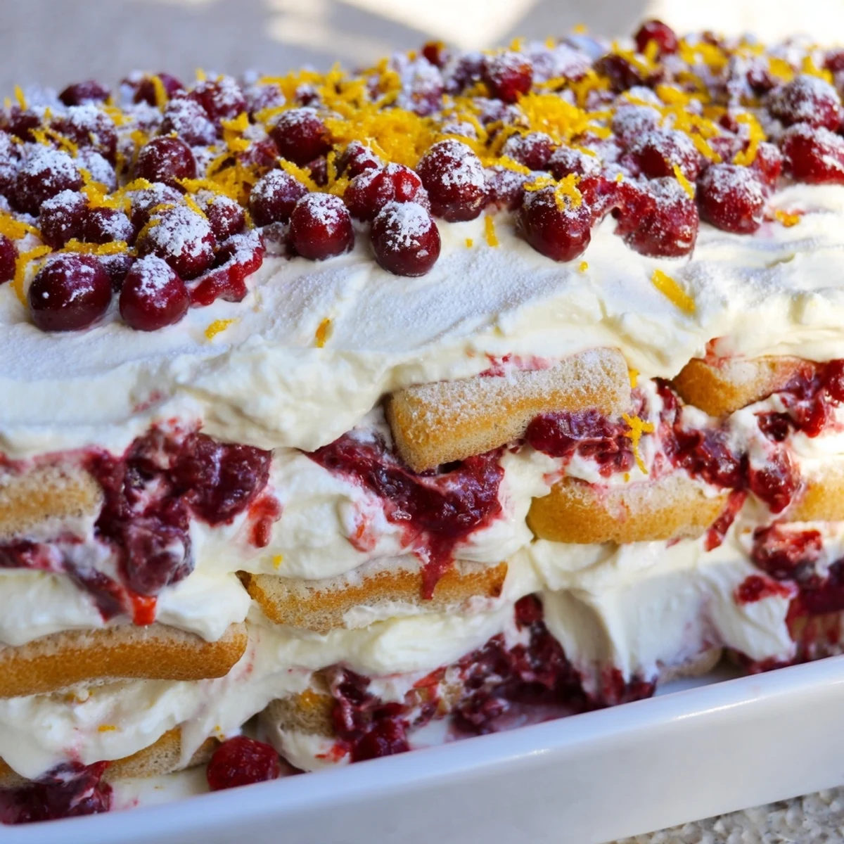 Glass trifle dish revealing layered cranberry orange tiramisu with vibrant red compote swirling through white mascarpone cream