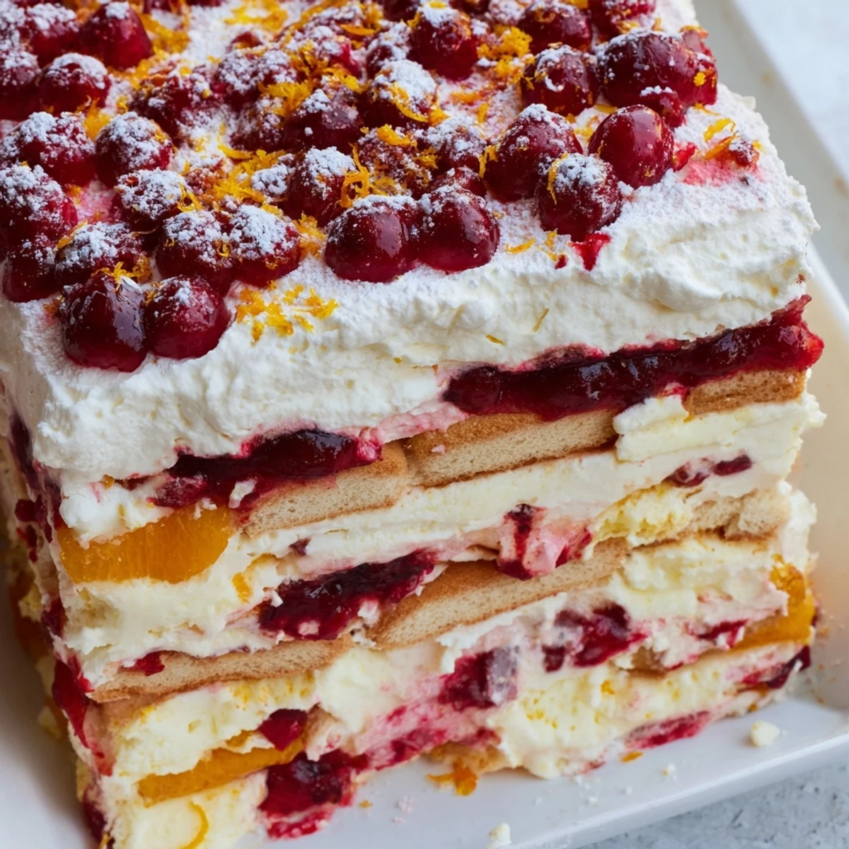 Festive holiday dessert showing cranberry and orange tiramisu topped with fresh berries and zest against creamy layers