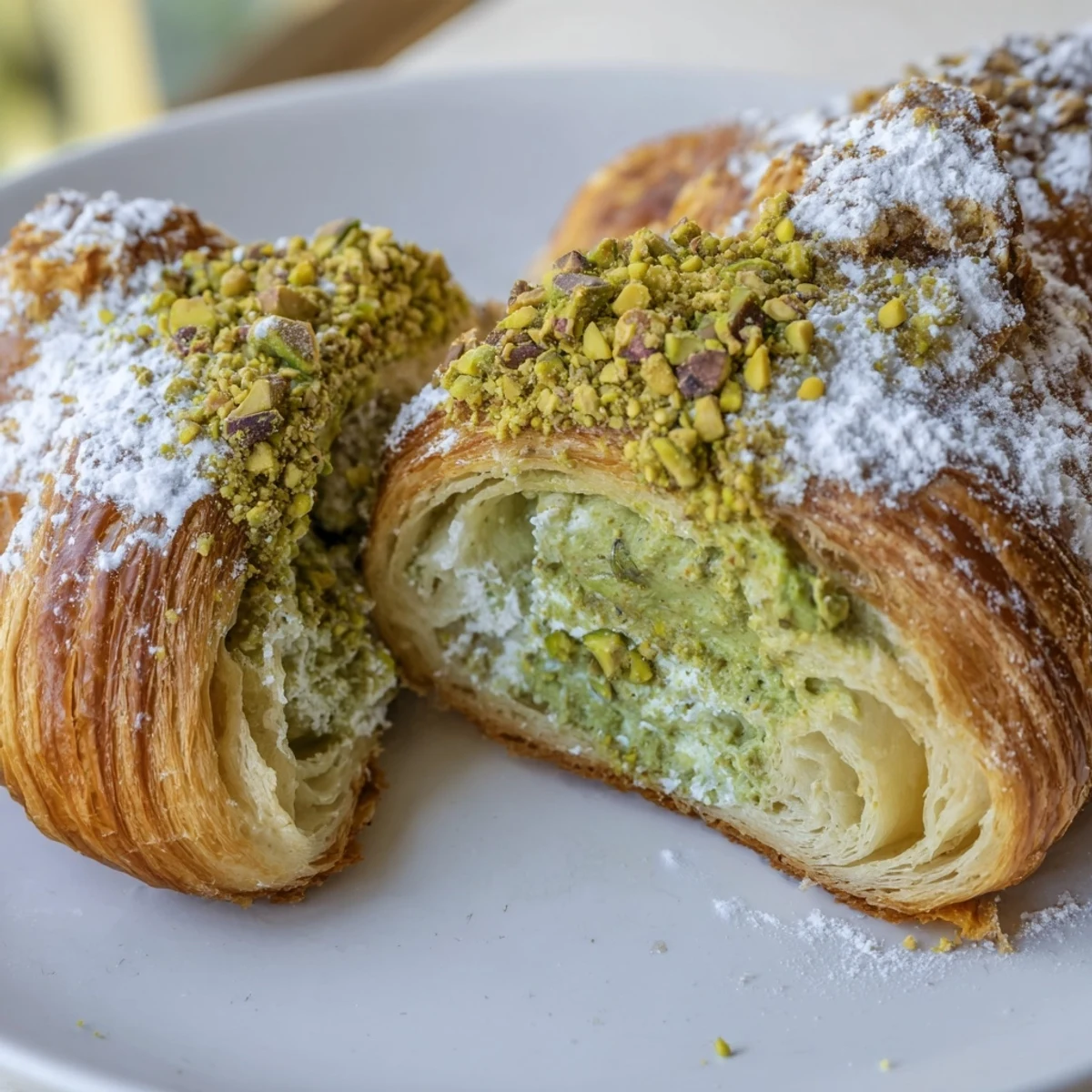 Golden pistachio croissants with luscious green cream filling, garnished with chopped nuts and powdered sugar
