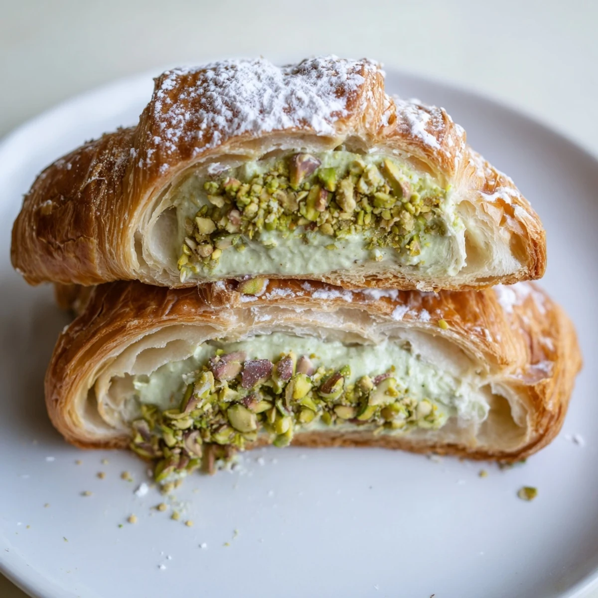Flaky buttery croissants sliced open revealing creamy pistachio paste, baked until golden and perfectly crisp
