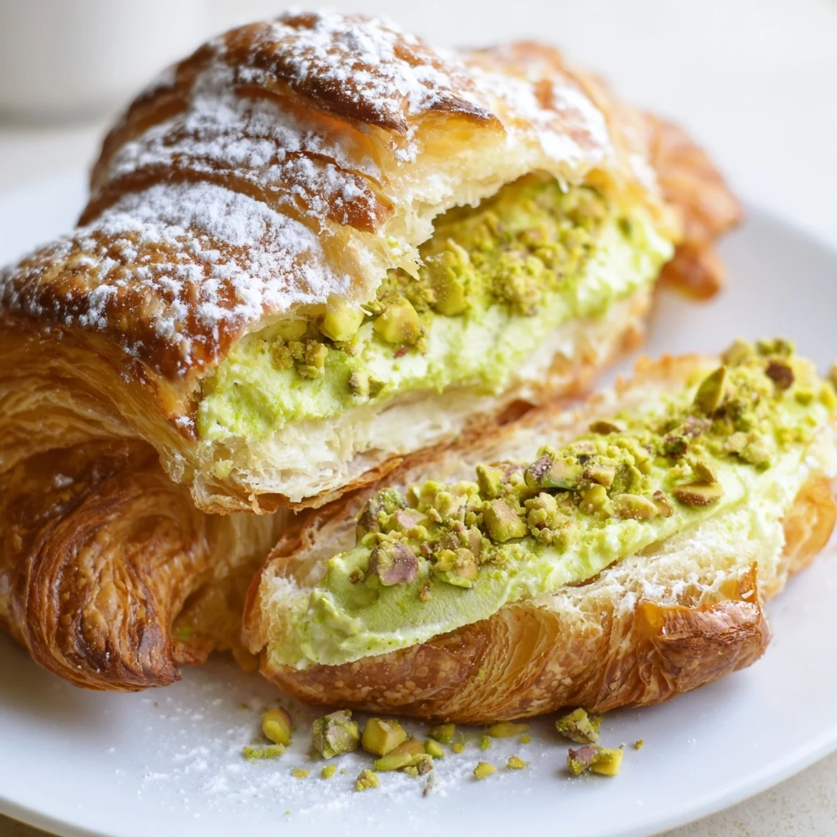 Freshly baked pistachio croissants on a baking sheet, topped with nutty cream and dusted with sugar