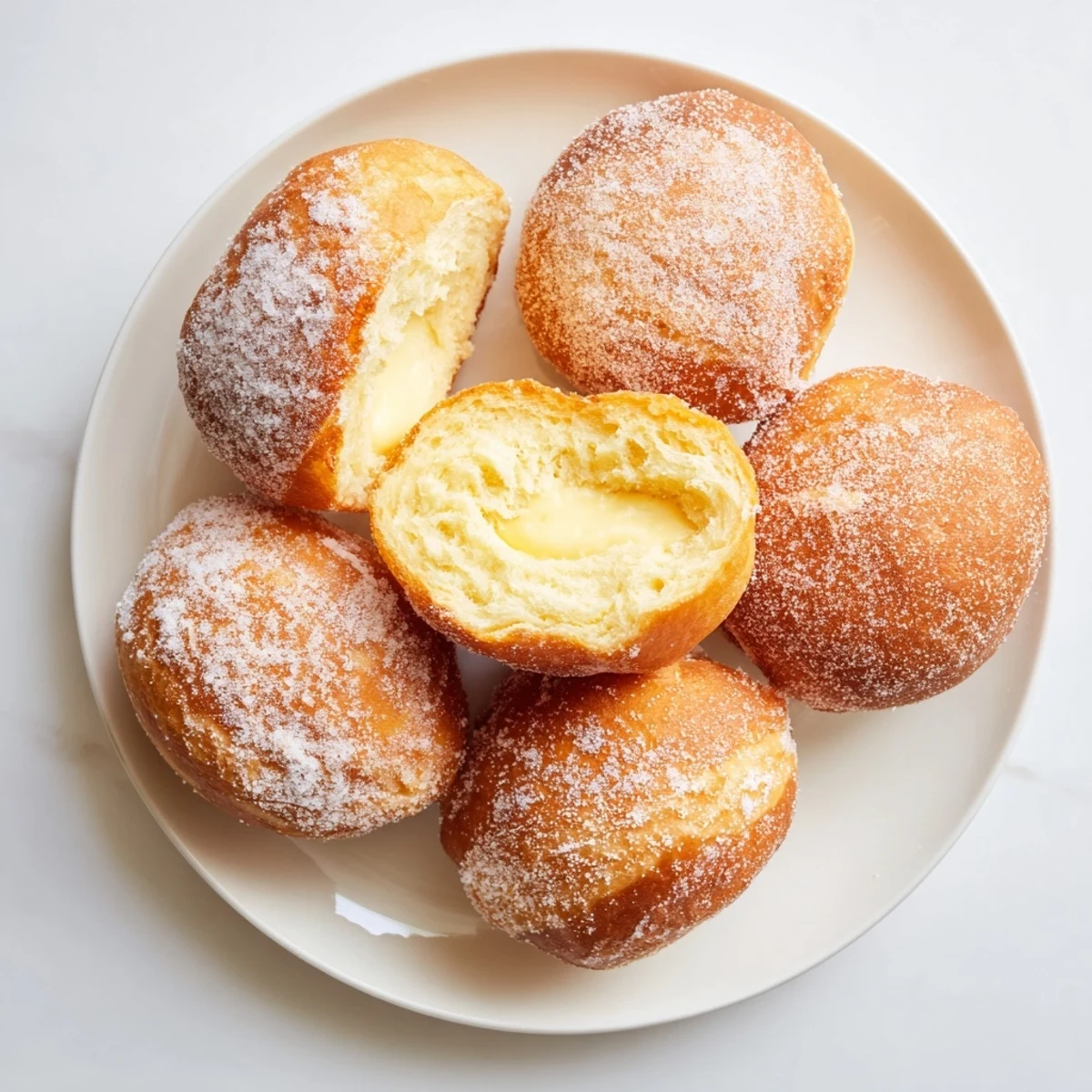 Golden brown bomboloni cream donuts filled with vanilla pastry cream and dusted with sugar