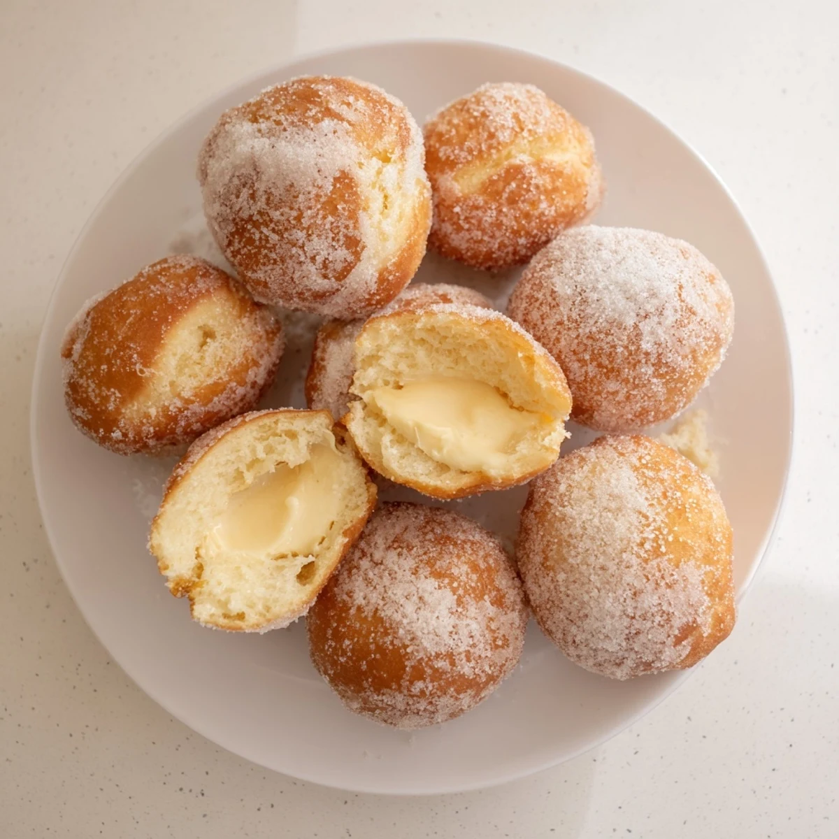 Soft Italian bomboloni cream donuts piped with rich custard on a white plate