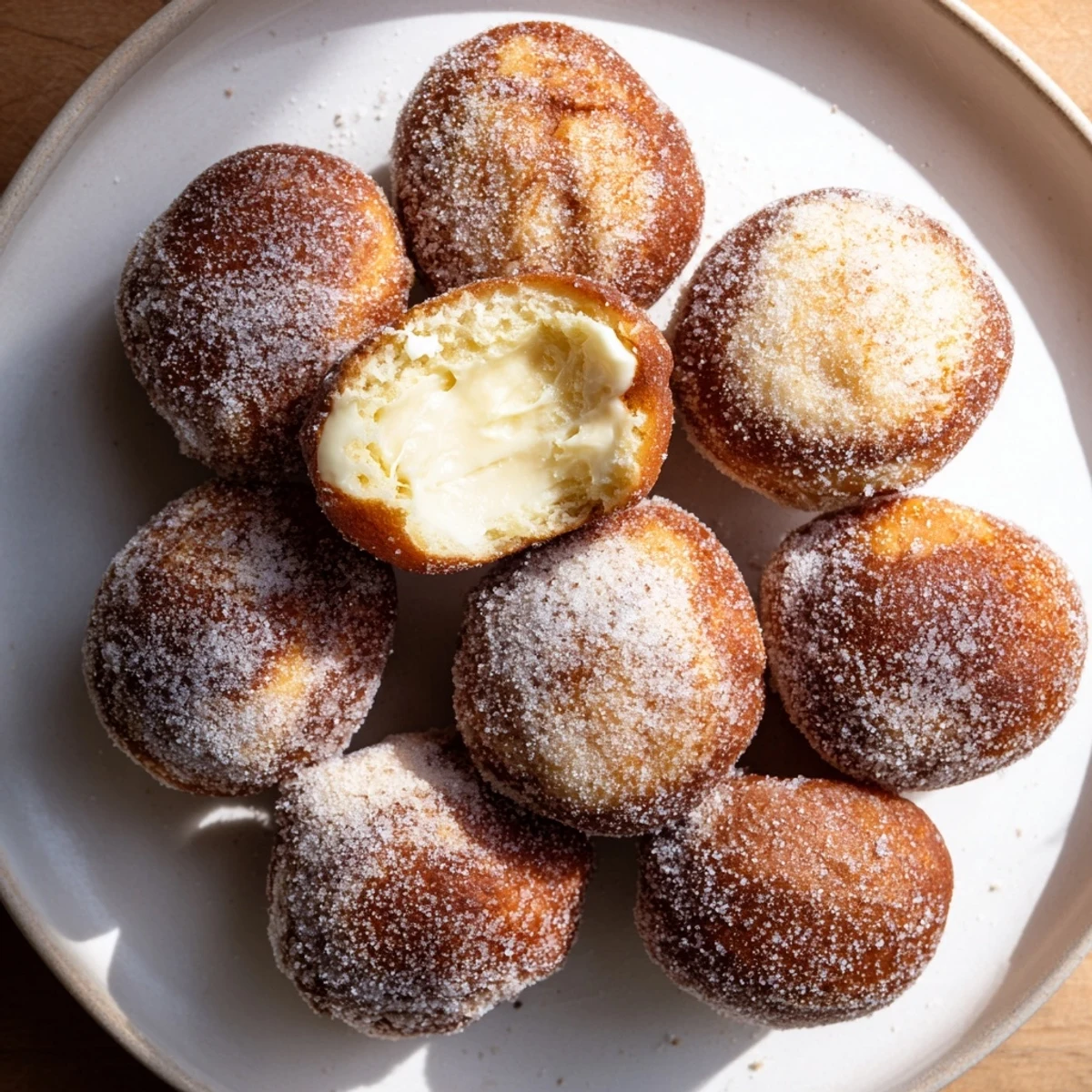 Freshly fried bomboloni cream donuts coated in granulated sugar with cream filling visible