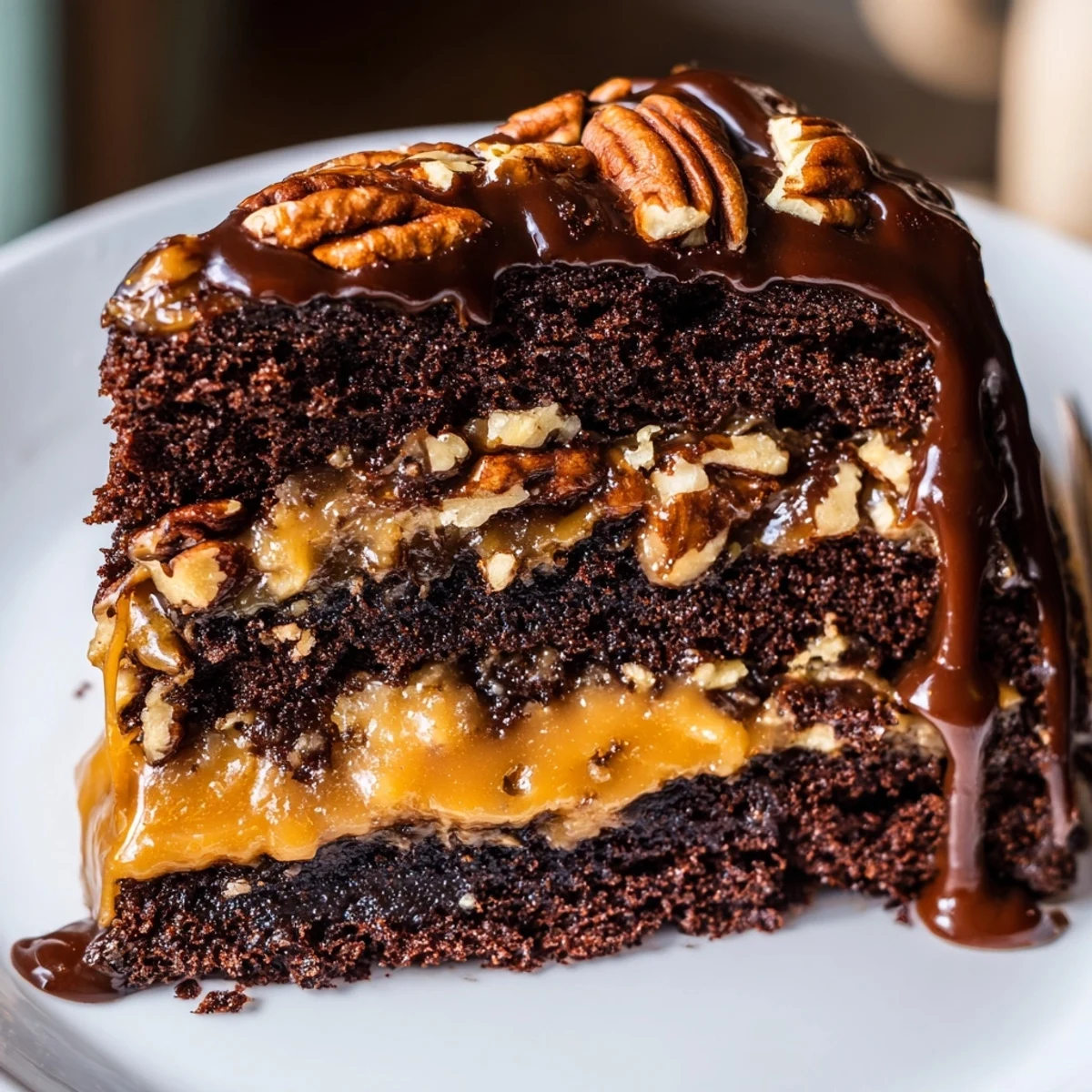 Decadent chocolate turtle cake with glossy ganache dripping down caramel-drizzled chocolate layers topped with toasted pecans