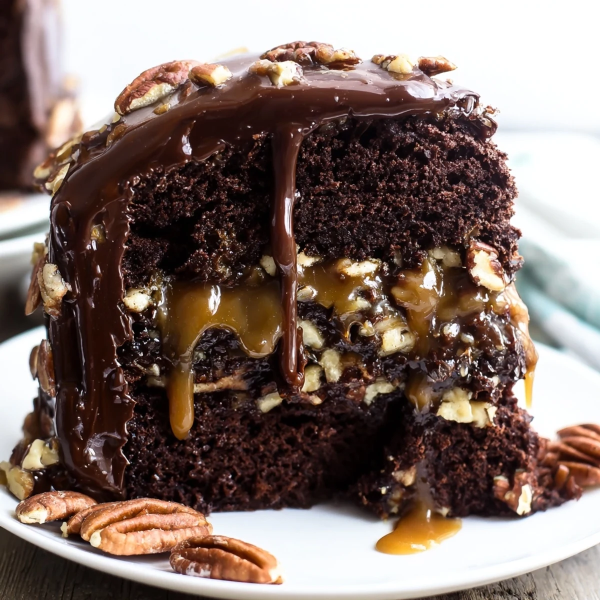 Slice of chocolate turtle cake revealing gooey caramel filling and chopped pecans between moist chocolate cake layers