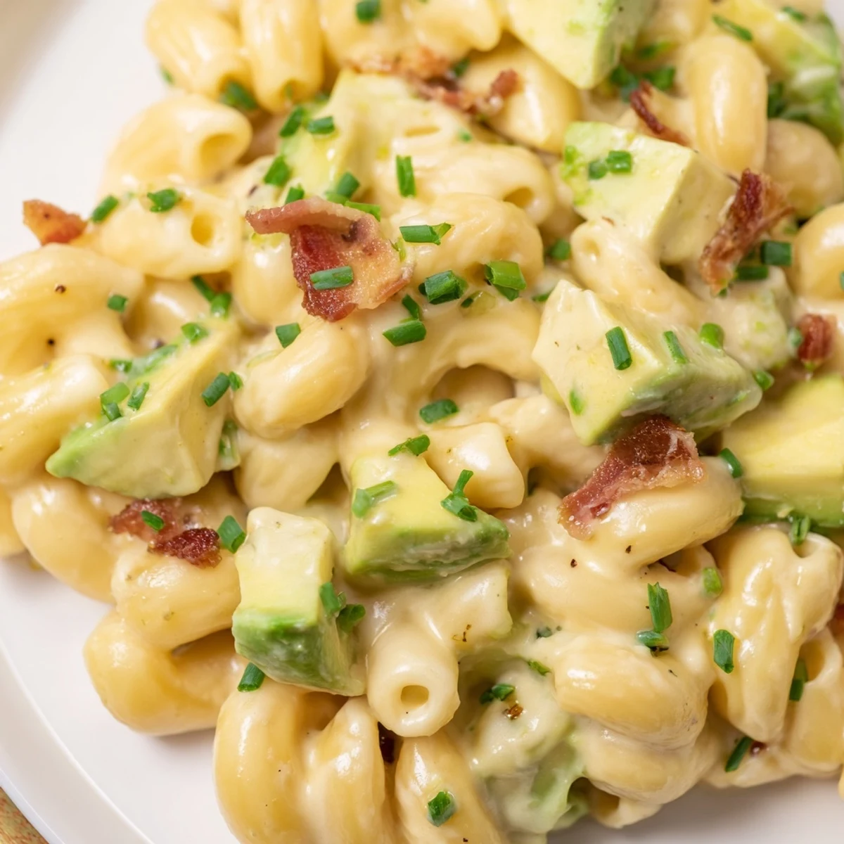 Creamy avocado and bacon mac and cheese topped with crispy bacon bits and fresh chives