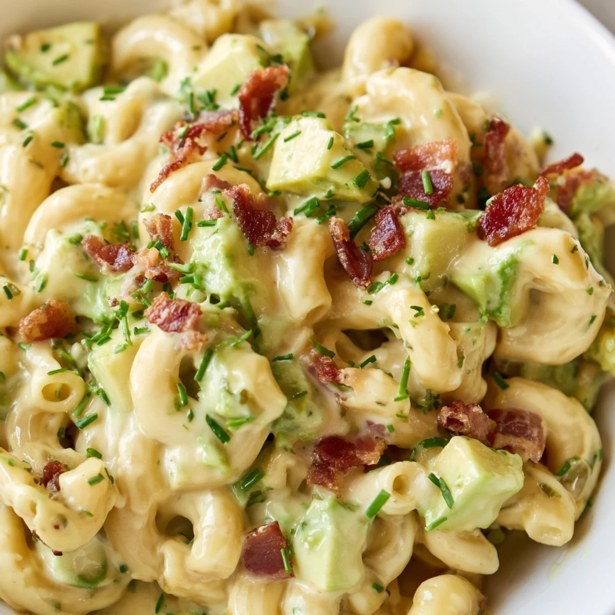 Bowl of cheesy avocado and bacon mac and cheese with melted cheddar sauce