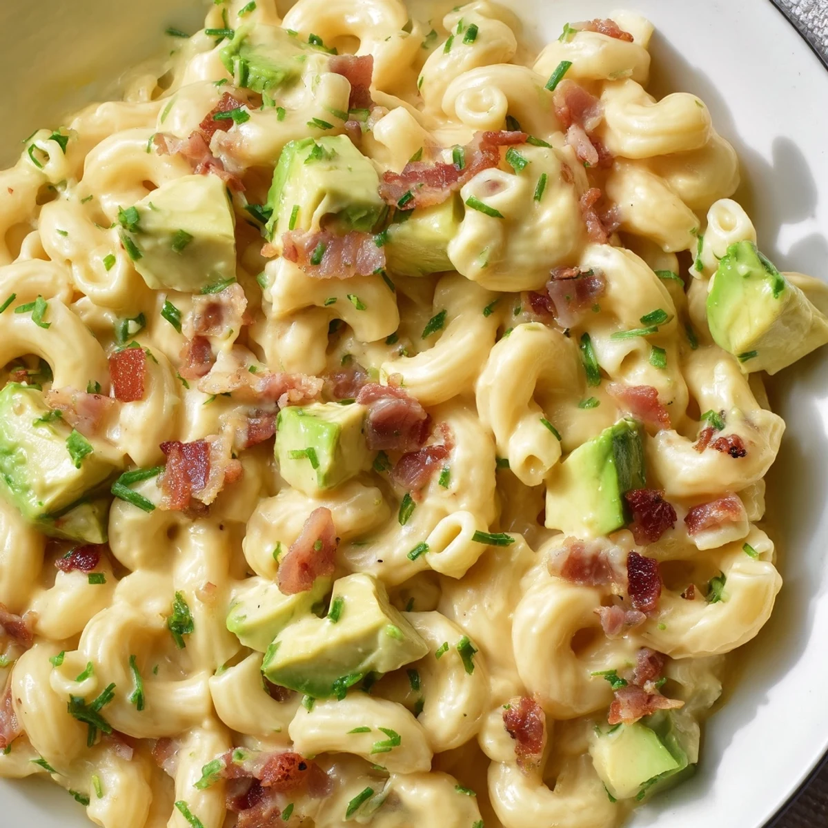 Steaming avocado and bacon mac and cheese served with diced avocado and crumbled bacon