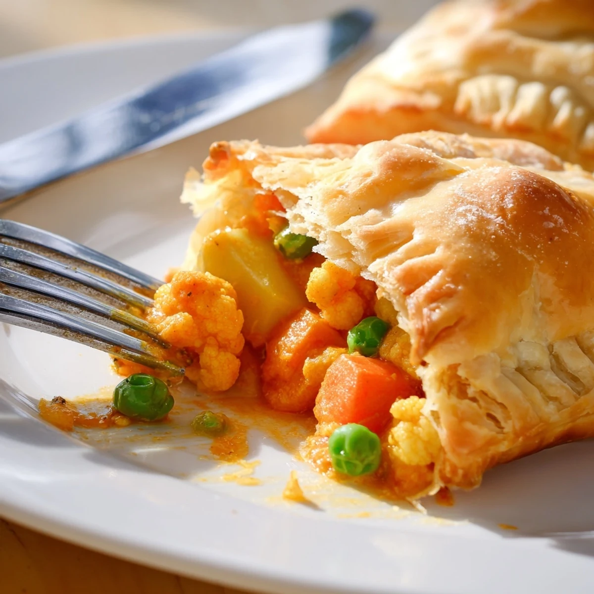 Savory Indian-inspired vegetarian pies with golden crust and vegetable tikka masala filling visible