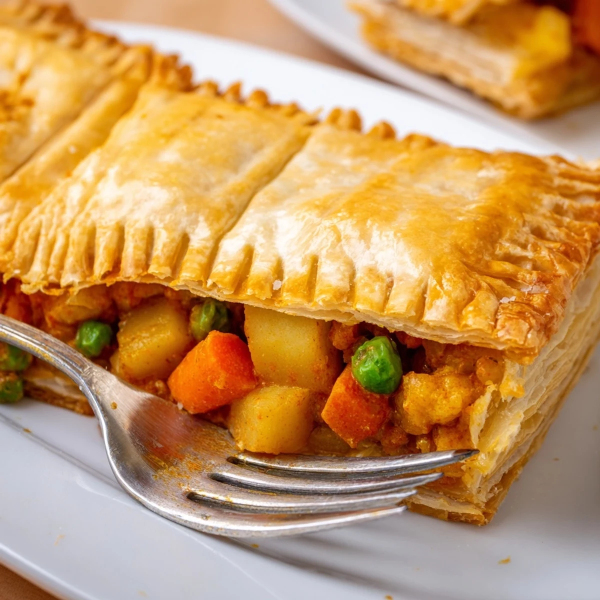 Flaky baked pies showcasing spiced vegetables in rich tikka masala sauce on white plate