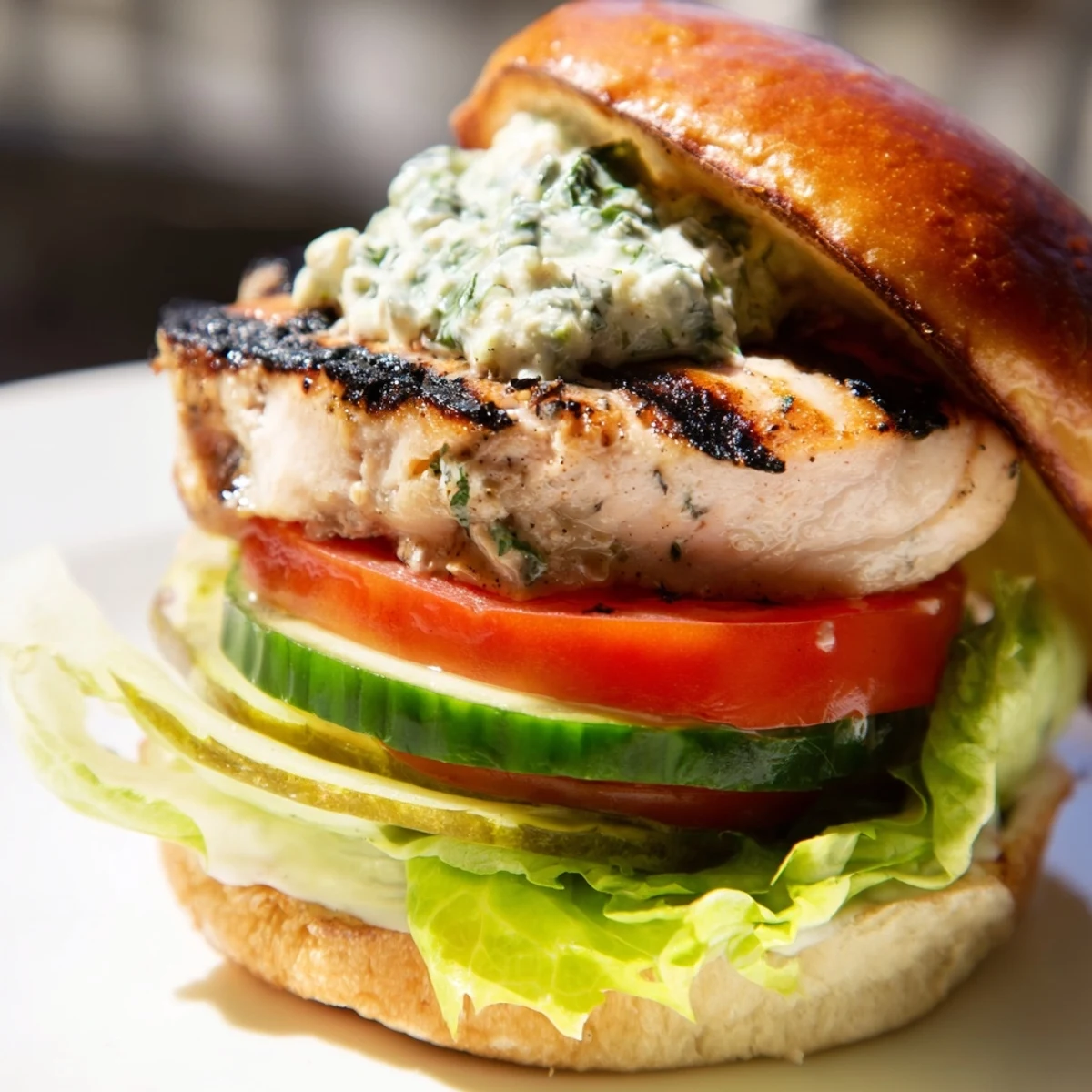 Grilled BBQ barramundi burger stacked with smoky cos lettuce and zesty lemon jalapeño tartare sauce