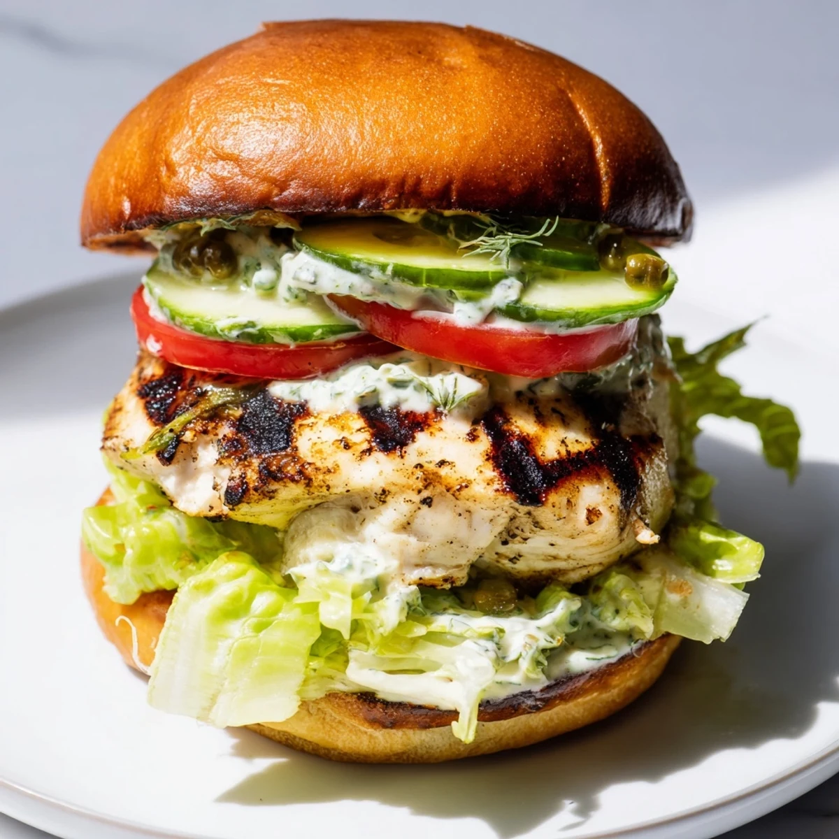 Flaky white barramundi fillet sandwiched between brioche bun layers with grilled romaine and spicy tartare
