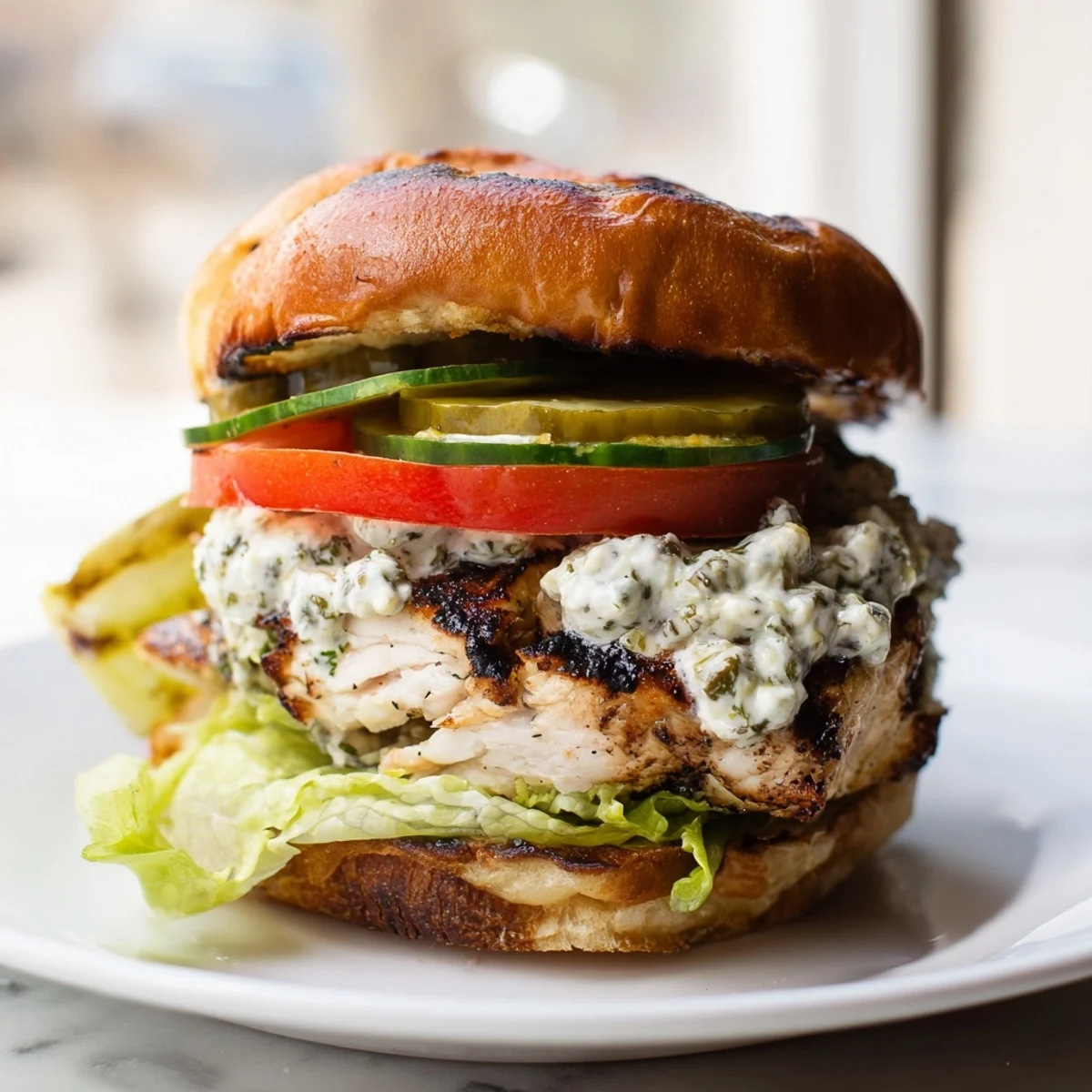 Golden barramundi fish burger topped with charred jalapeño mayo, grilled lettuce, and fresh tomato slices