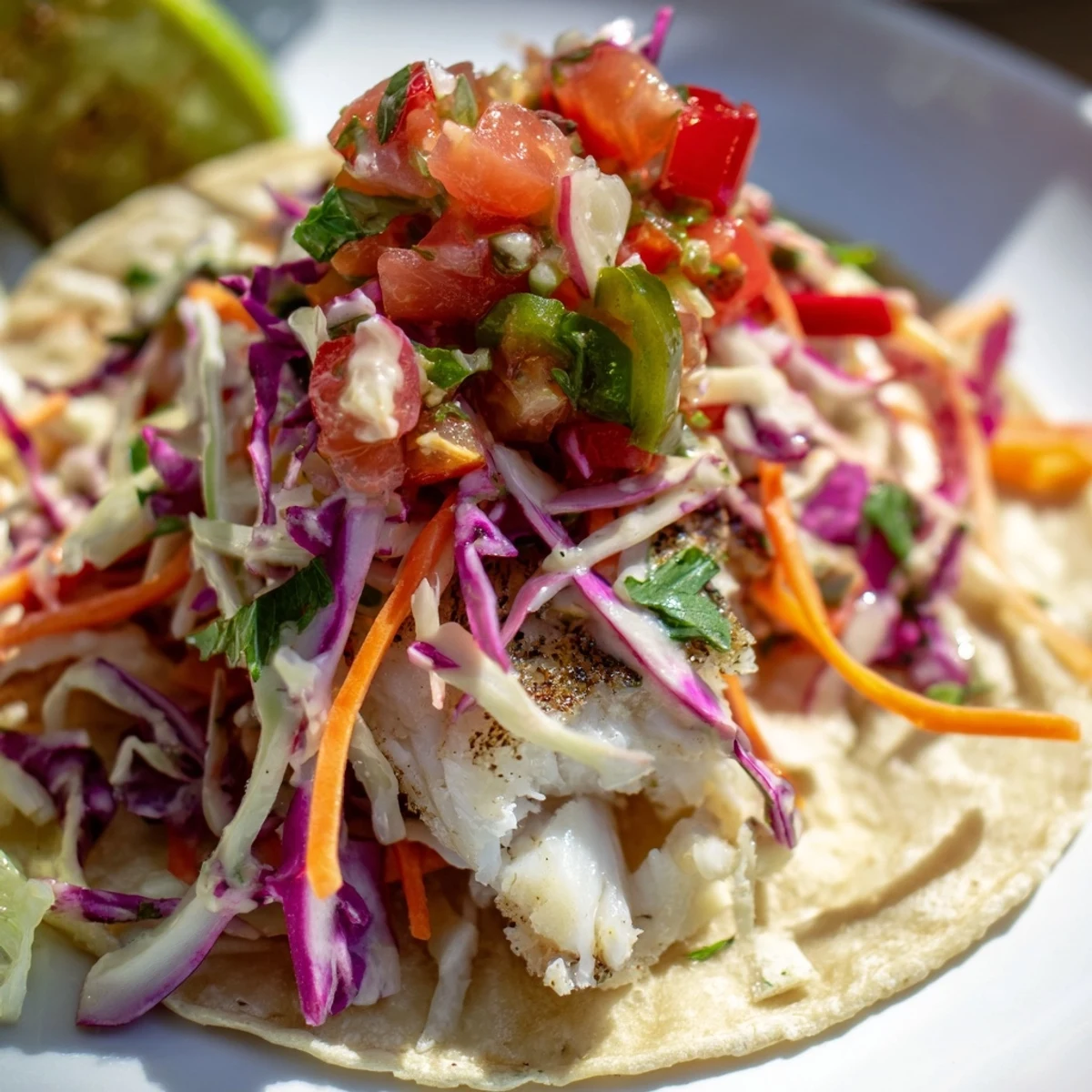 Flaky spiced barramundi tacos piled high with colorful coleslaw and zesty homemade salsa for a vibrant dinner