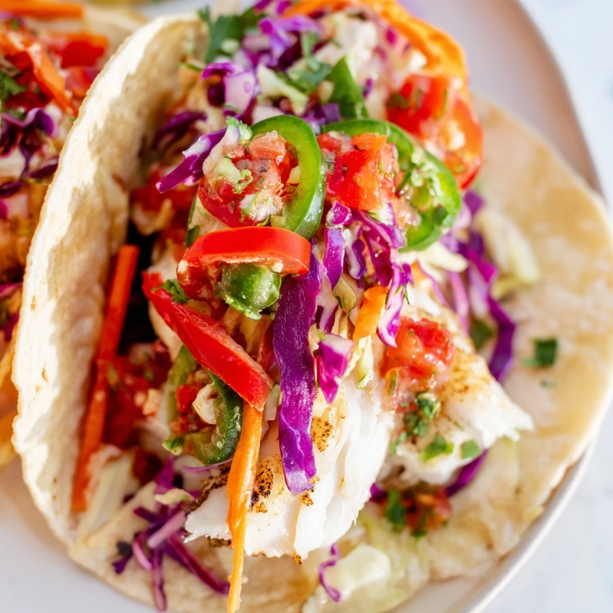 Golden barramundi fillets nestled in warm tortillas with crunchy rainbow slaw and fresh tomato salsa topping