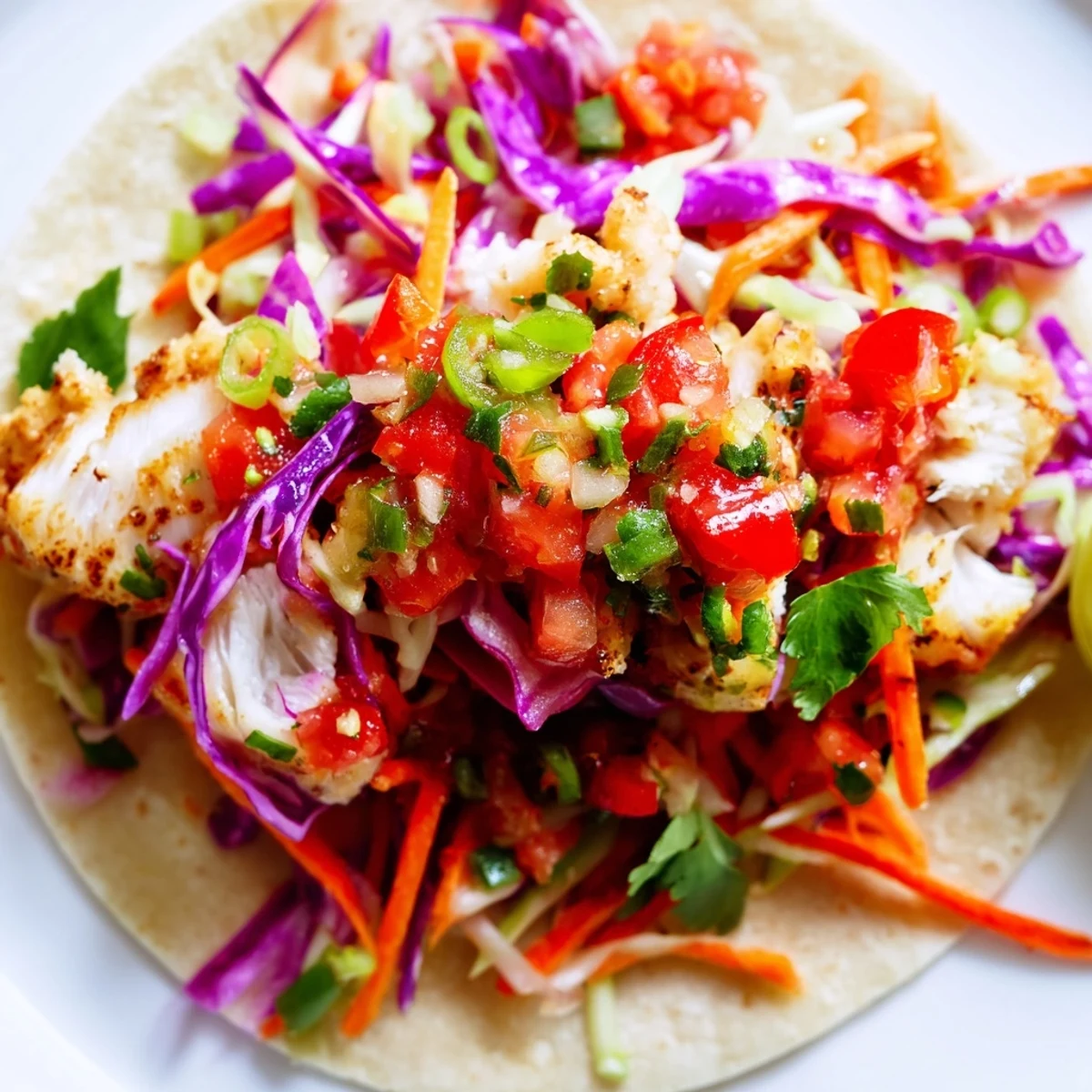 Soft tortilla tacos filled with seasoned barramundi, crisp purple cabbage slaw, and bright red salsa garnish
