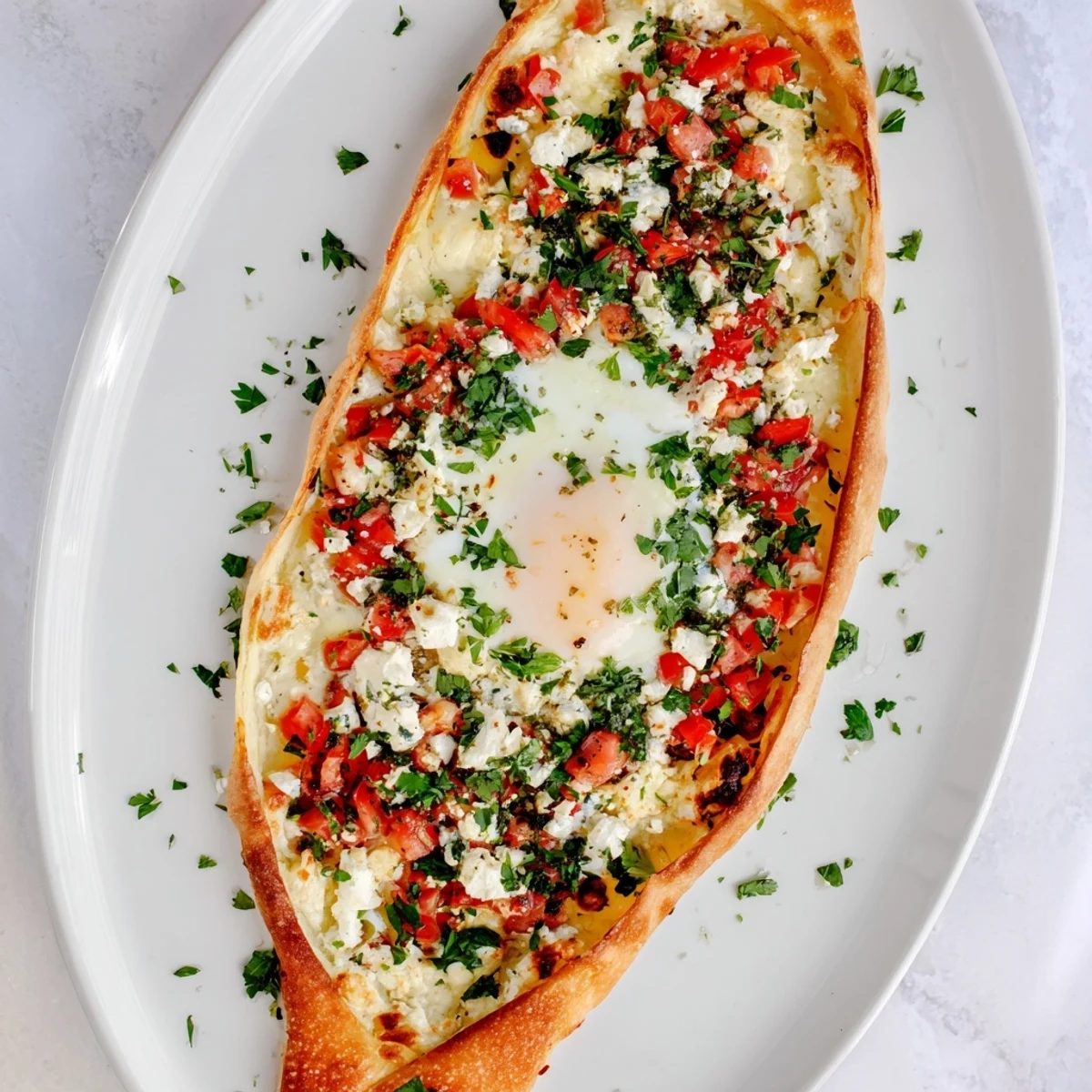 Golden Turkish Pide with Egg, Tomato, and Cheese featuring a perfectly baked egg nestled in a crispy flatbread boat