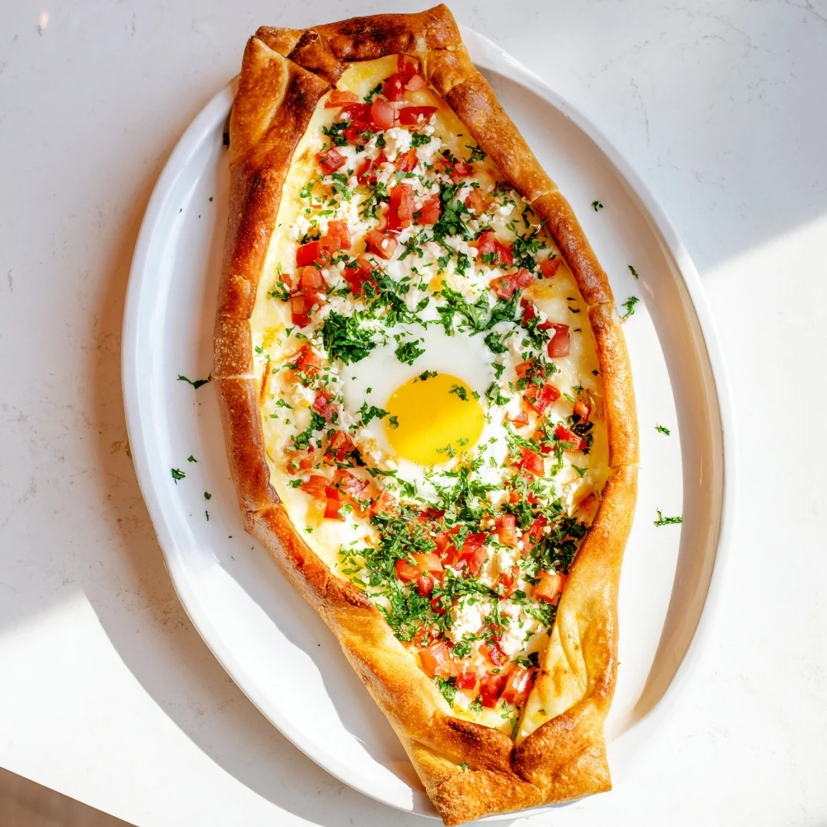 Savory Turkish Pide with Egg, Tomato, and Cheese boats filled with melted feta, mozzarella, and diced ripe tomatoes