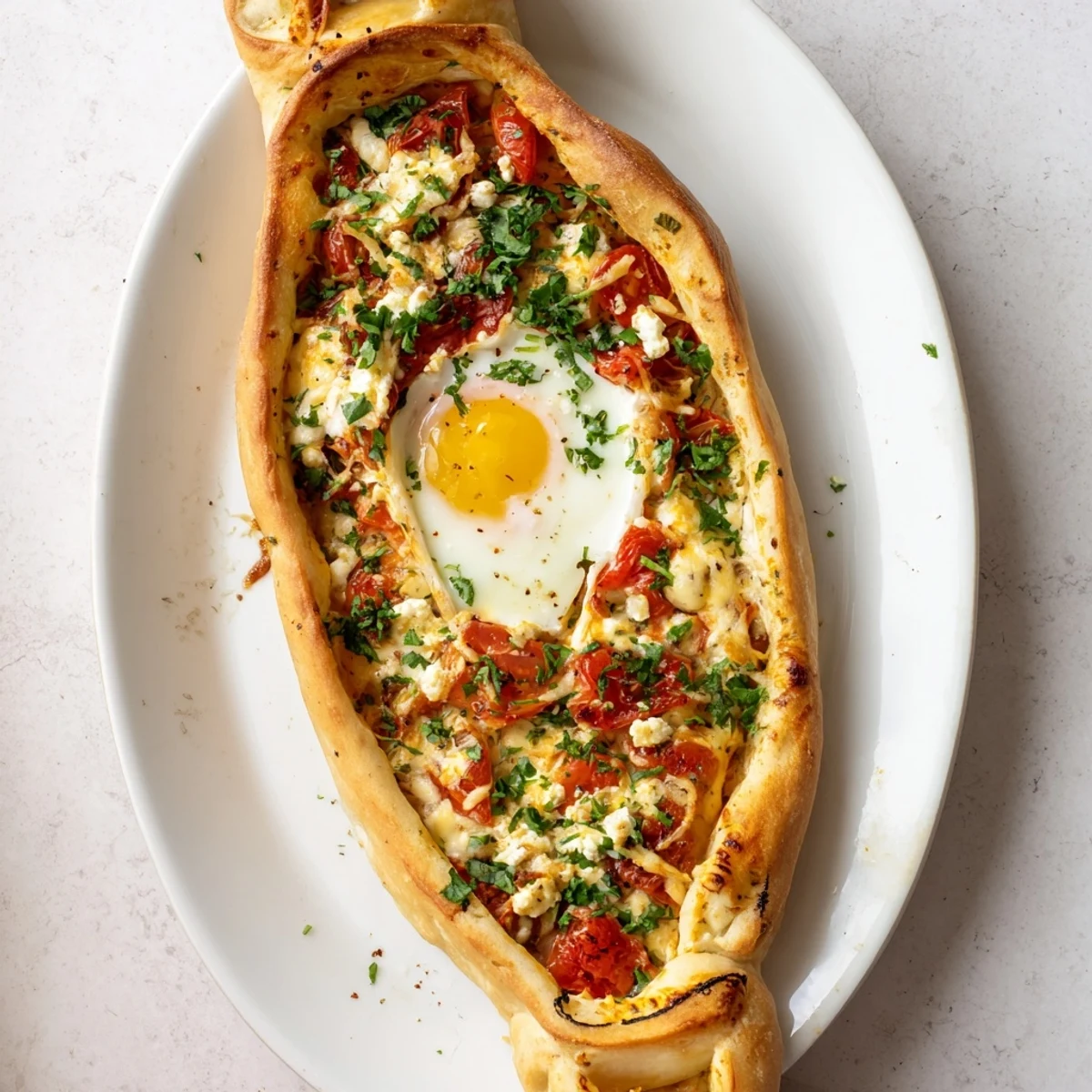 Traditional Turkish Pide with Egg, Tomato, and Cheese brushed with butter and garnished with fresh parsley for breakfast