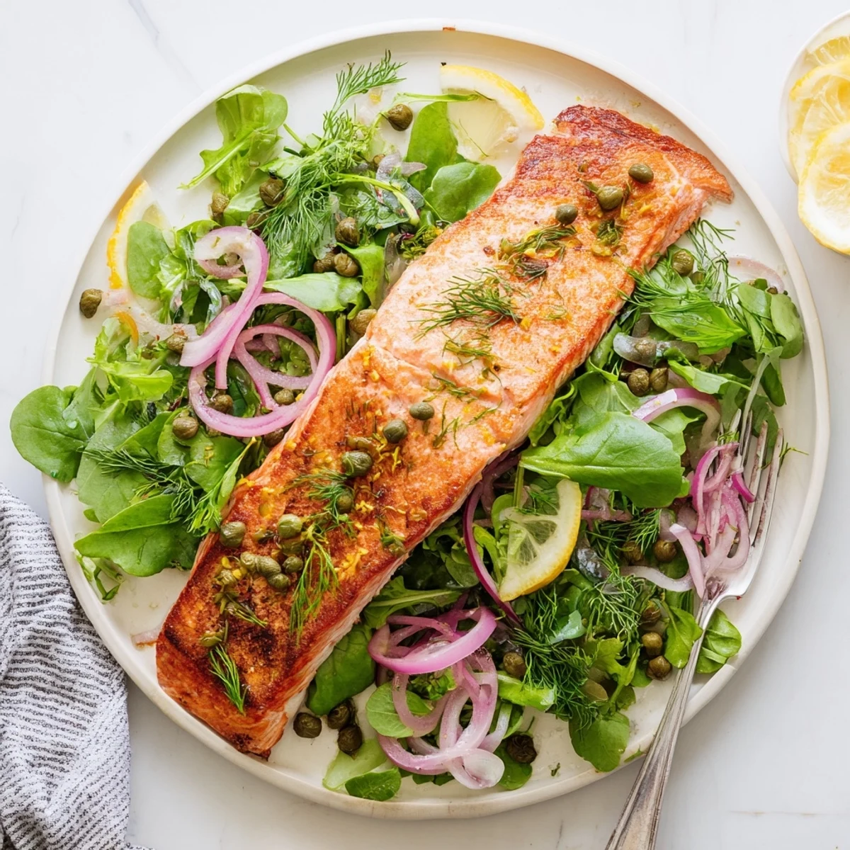 Golden crispy skin Tasmanian Atlantic salmon fillet seared to perfection on a white plate