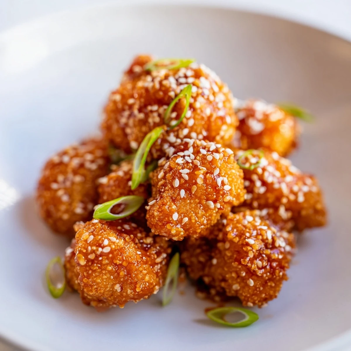 Golden oven-baked sticky honey garlic cauliflower coated in glossy sweet savory sauce with sesame seeds