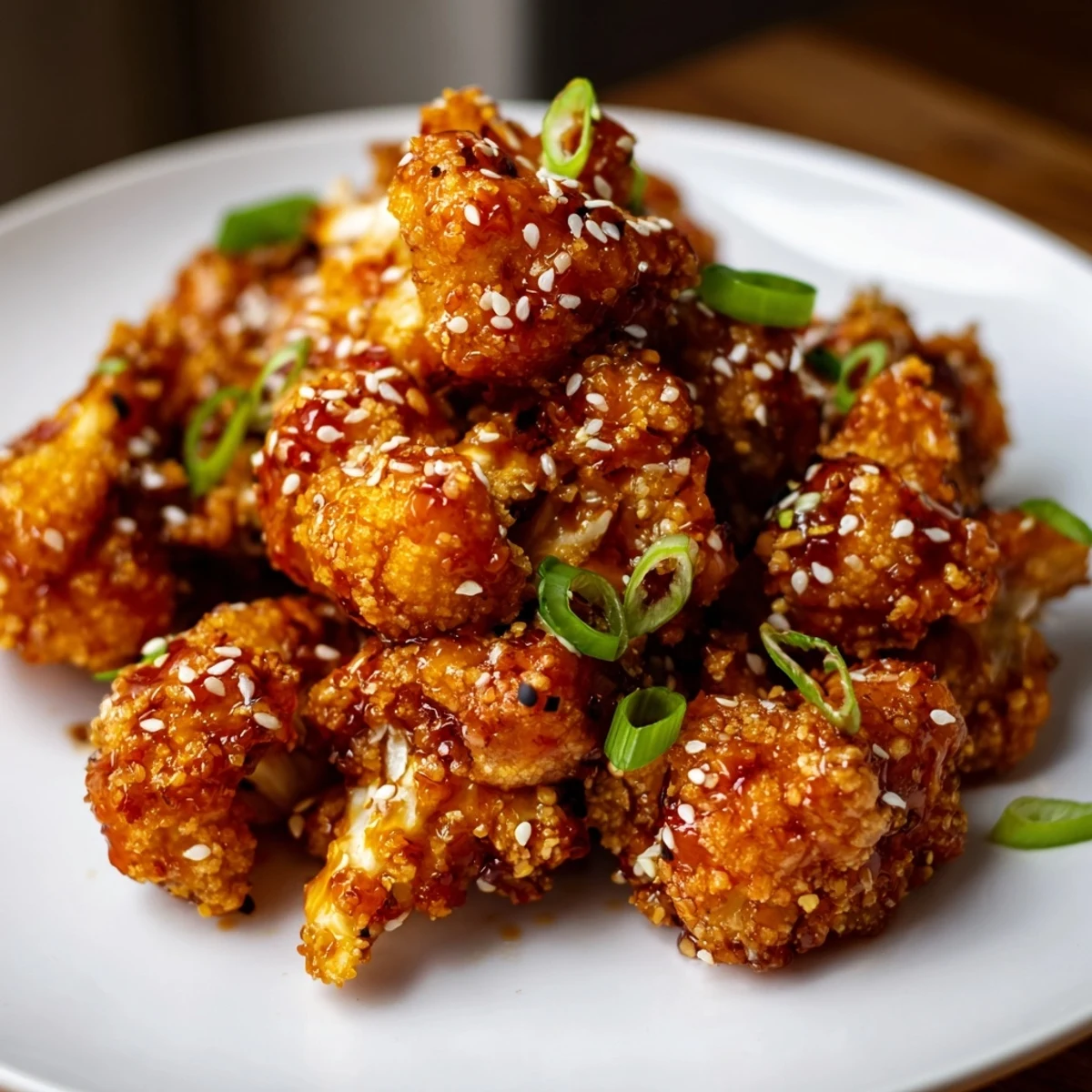 Asian-inspired sticky honey garlic cauliflower appetizer glistening with sweet sauce and crunchy panko coating