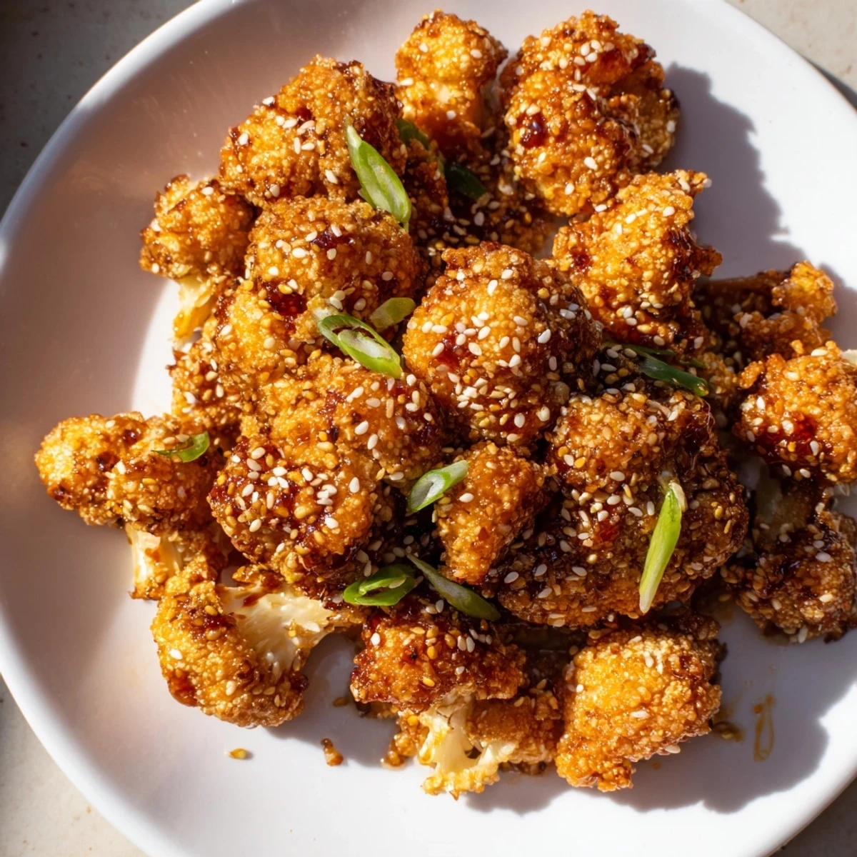 Crispy cauliflower florets tossed in thick honey garlic glaze garnished with fresh green onions