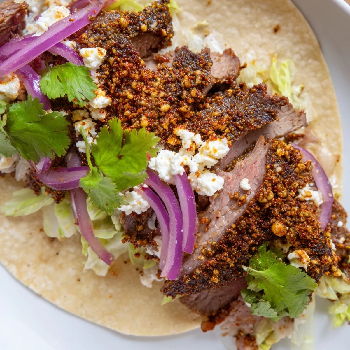 Slow roasted aromatic lamb with cumin spice rub served in soft tacos with vibrant garnishes