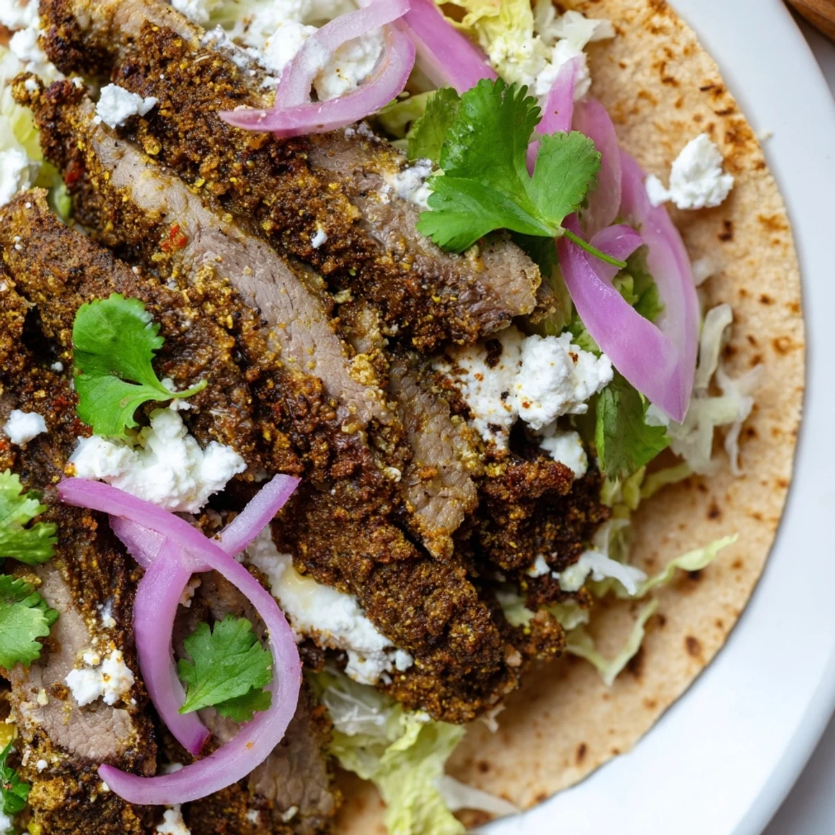 Golden roasted cumin crusted leg of lamb sliced inside warm corn tortillas with fresh toppings