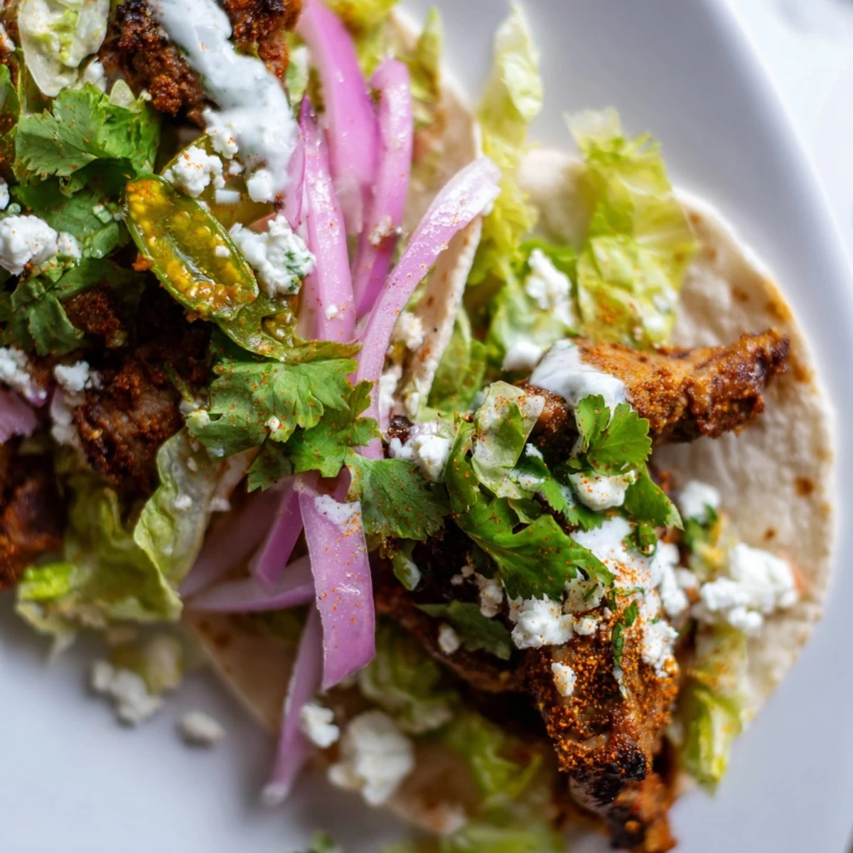 Succulent spiced lamb tacos featuring tender roasted meat with yogurt sauce and crisp vegetables