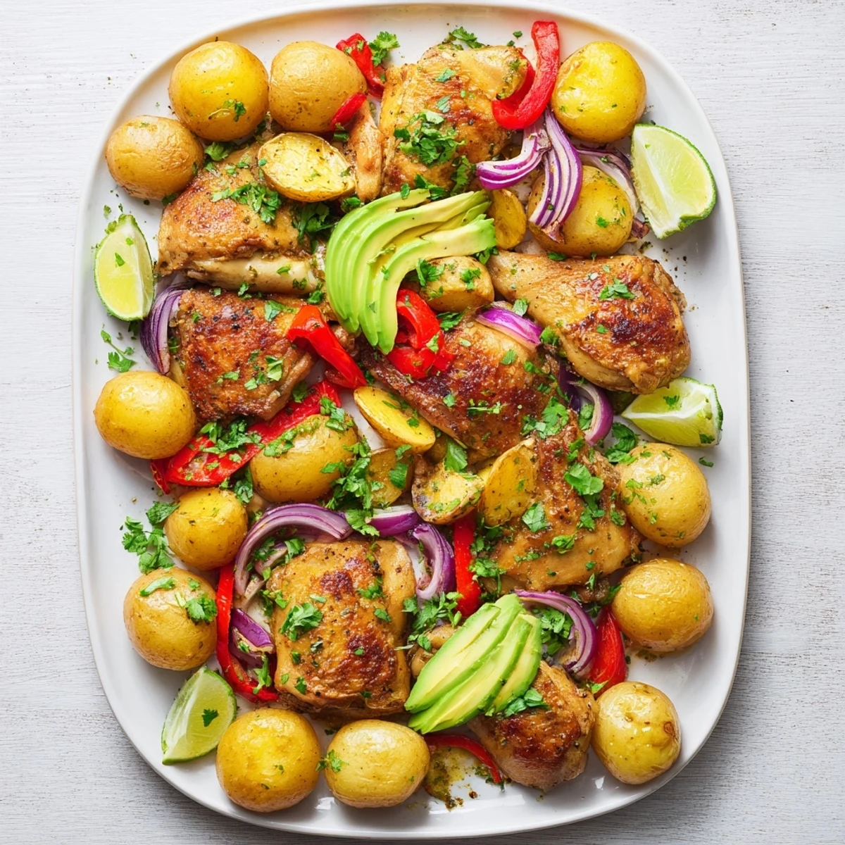 Golden roasted chicken thighs with caramelized red onion and crispy baby potatoes on a baking sheet