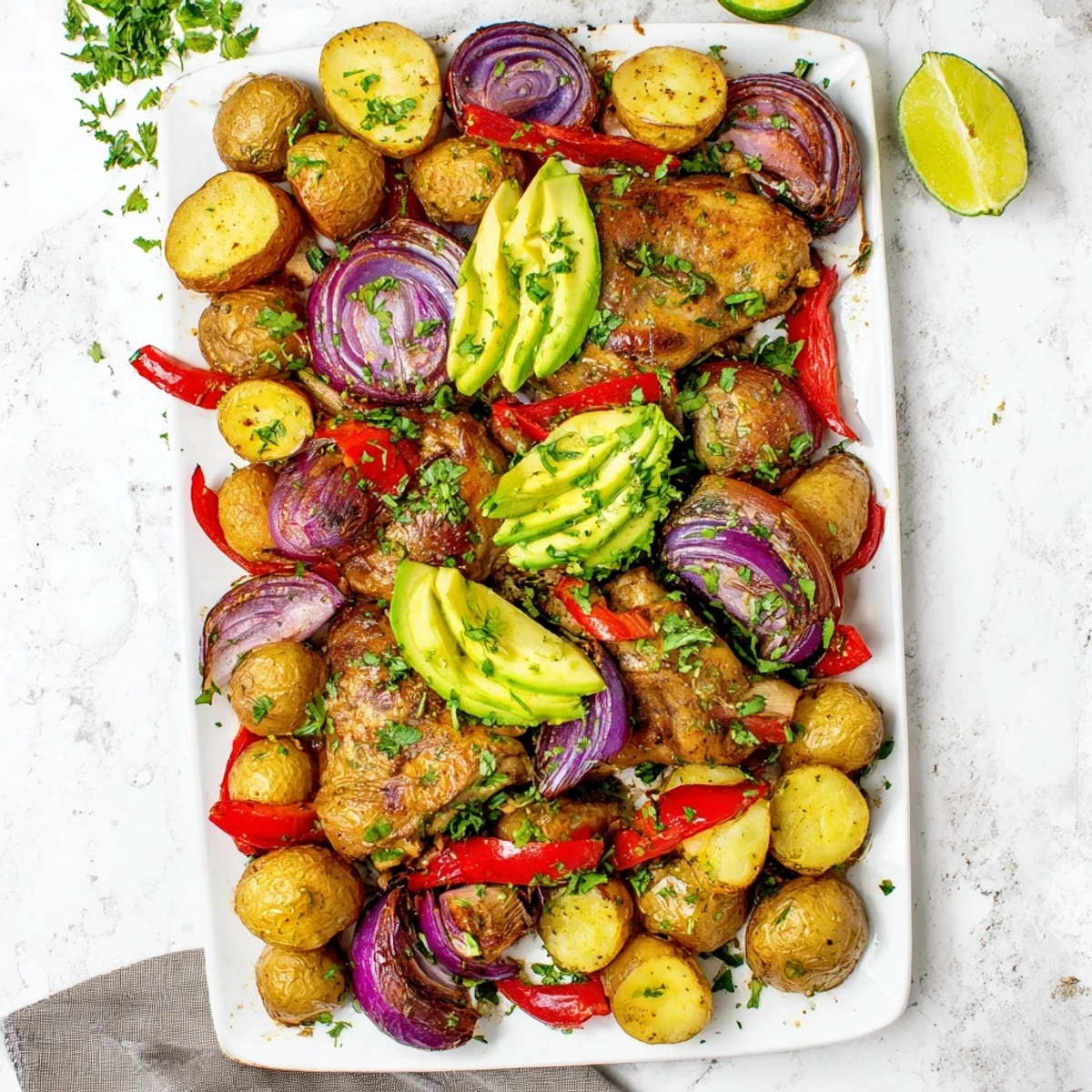 Chicken avocado tray bake with fresh herbs and lime wedges arranged on a rustic board