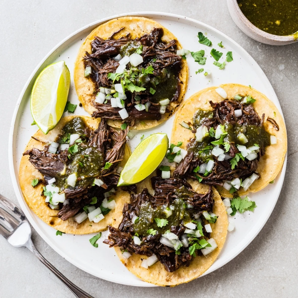 Fork-tender beef cheek meat nestled in charred corn tortillas with colorful toppings of diced onion, cilantro, and bright green salsa verde