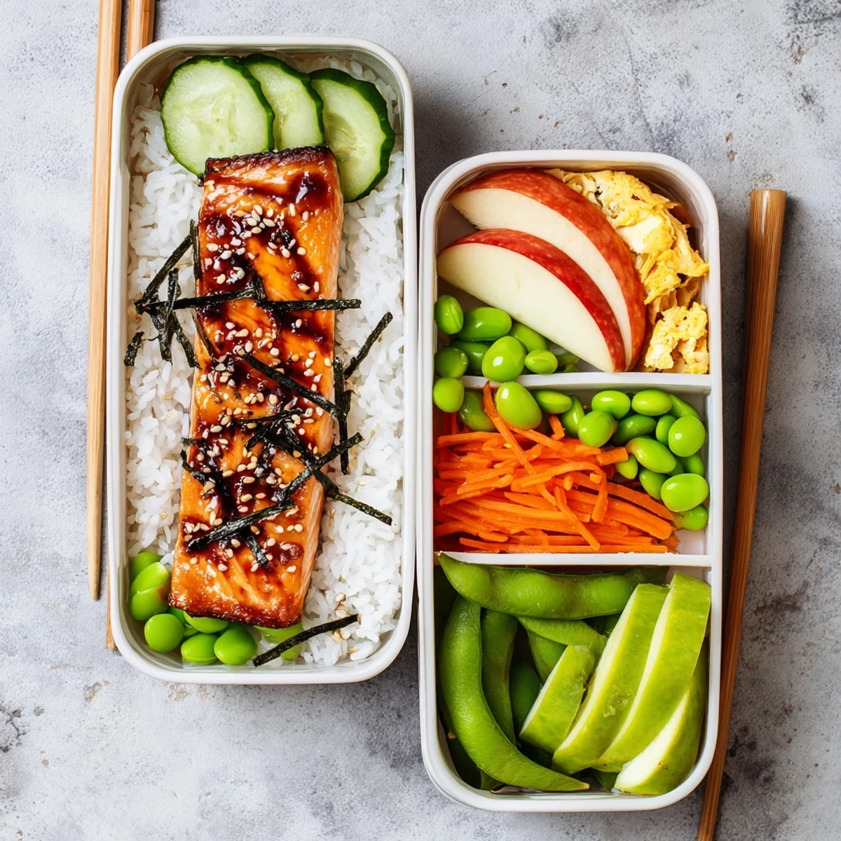 Healthy Japanese Breakfast Bento Box with grilled fish, fluffy rice, and colorful pickled vegetables arranged in a compartmented container