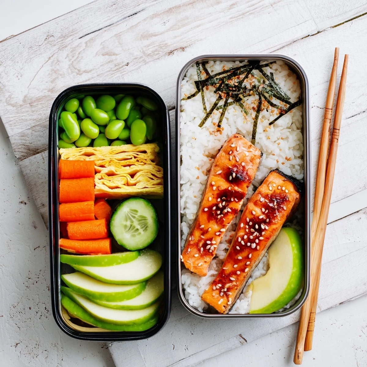 Traditional Japanese breakfast bento displaying flaky grilled fish, tender short grain rice, edamame, and sliced avocado portions