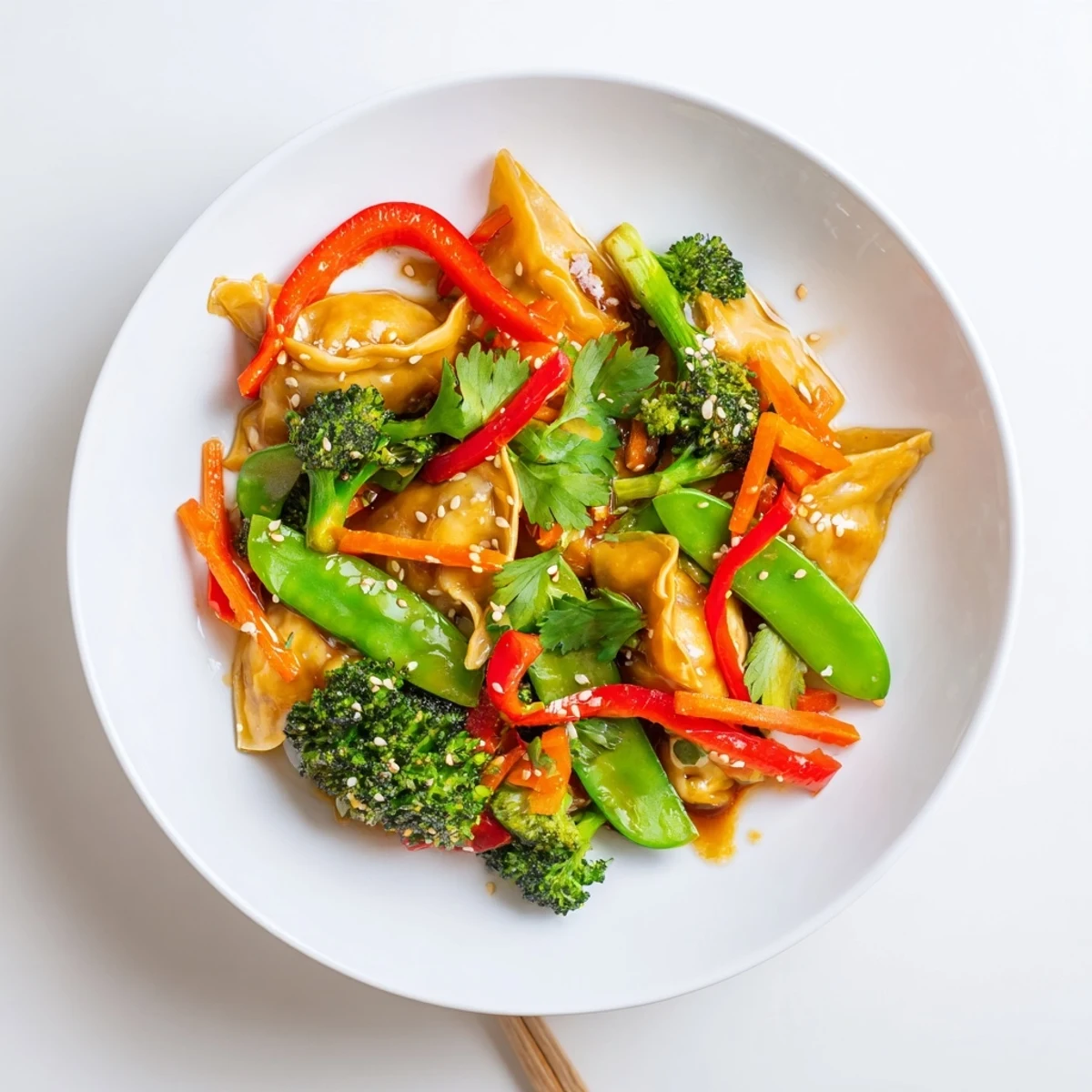 Golden pan-fried dumplings stir-fried with crisp colorful vegetables in glossy garlic sauce